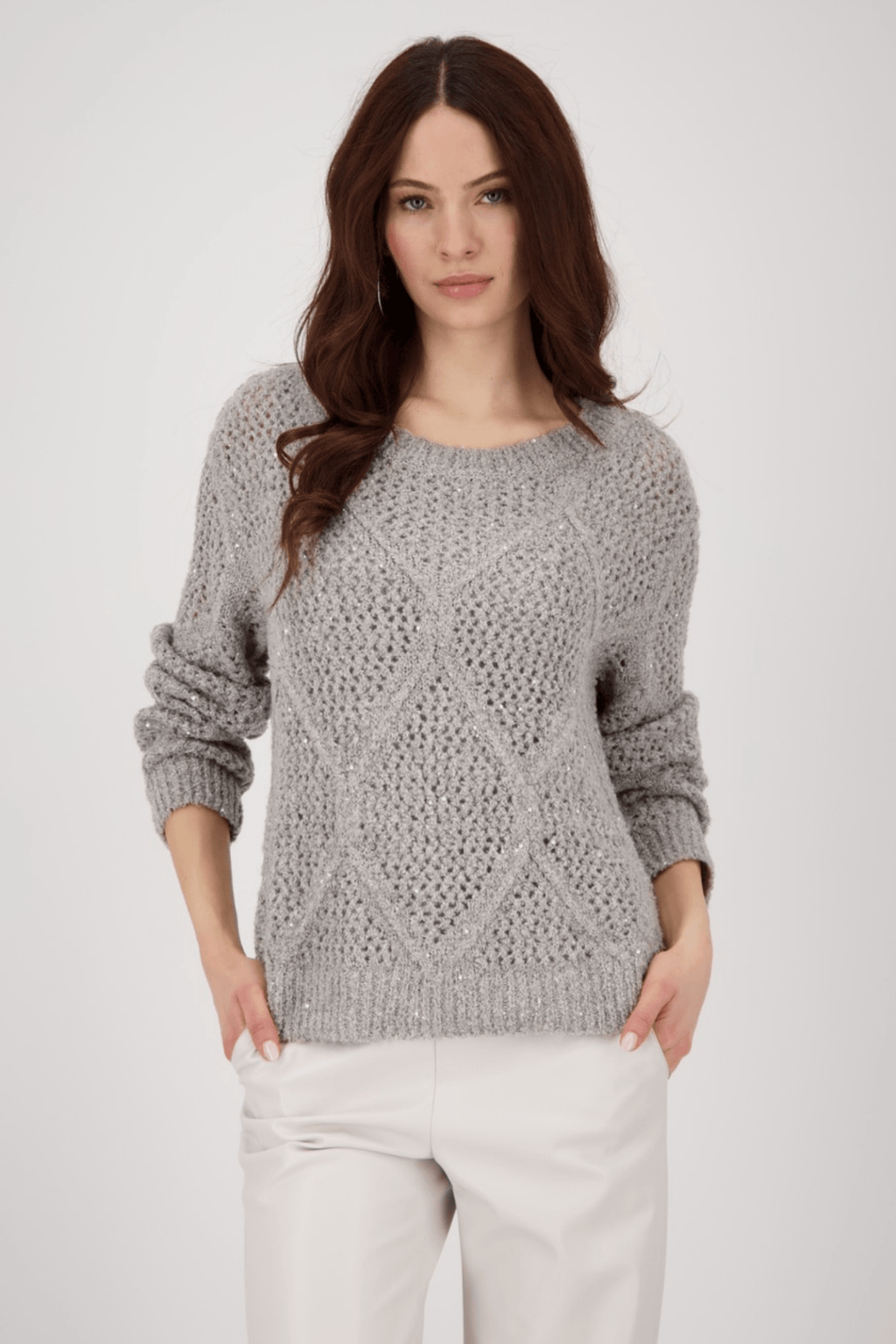 Monari 808977 Sequin Ajour Knit Jumper – Greige - Dotique - Monari