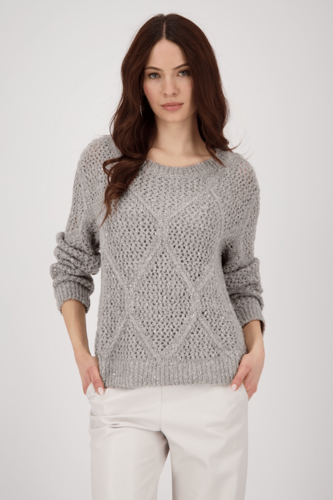 Monari 808977 Sequin Ajour Knit Jumper – Greige - Dotique - Monari