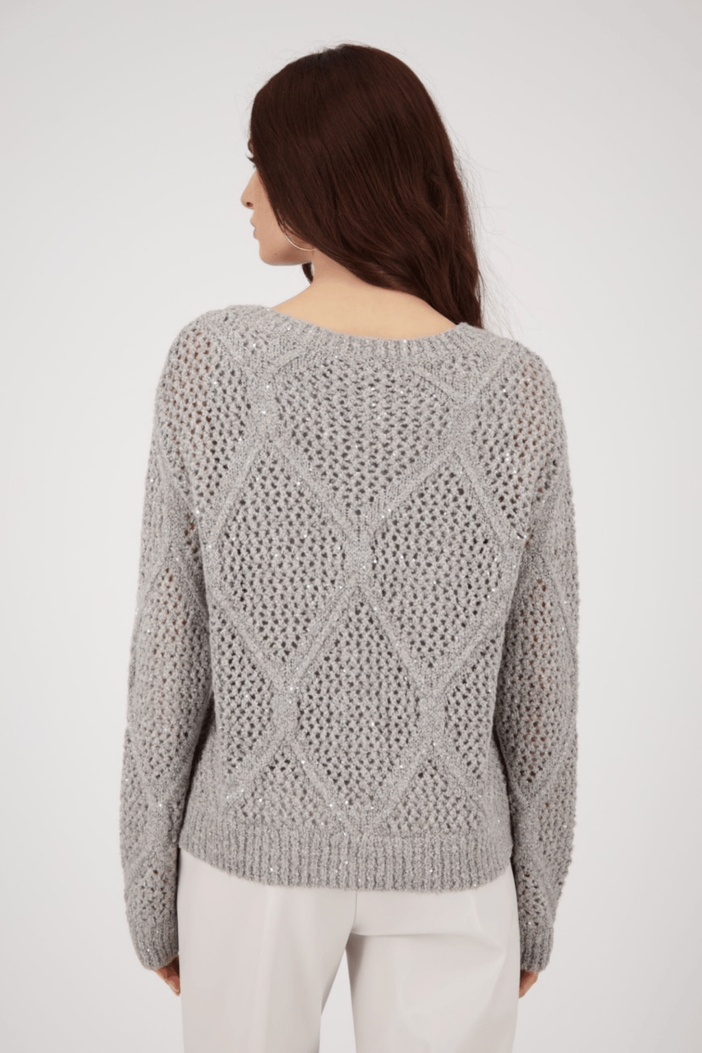 Monari 808977 Sequin Ajour Knit Jumper – Greige - Dotique - Monari