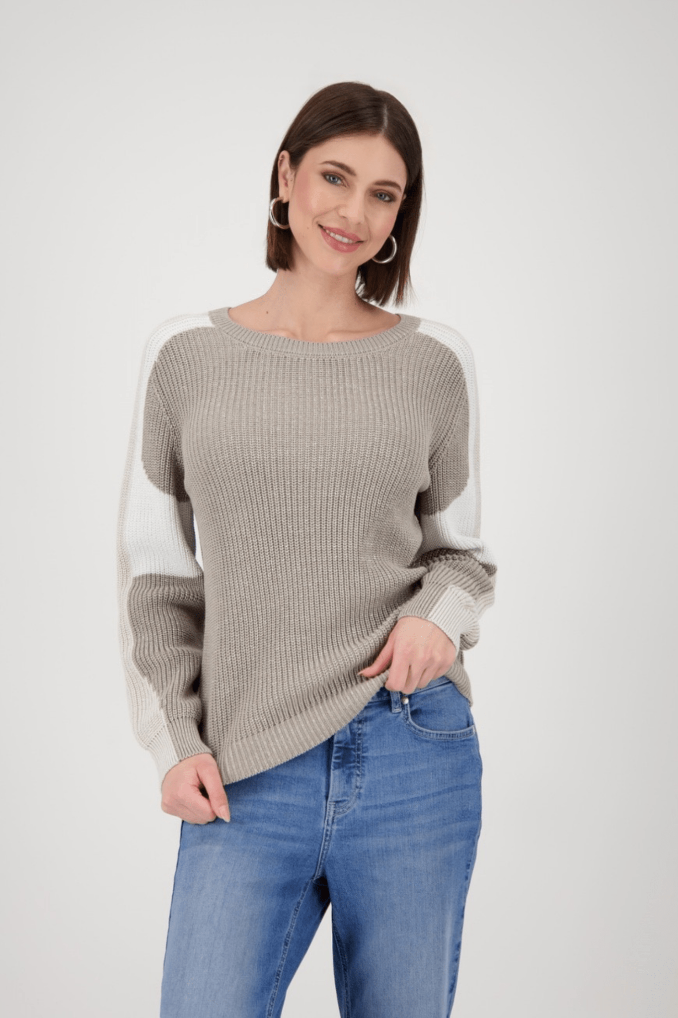 Monari 809060 Greige Colourblock Fisherman Knit Jumper - Dotique - Monari