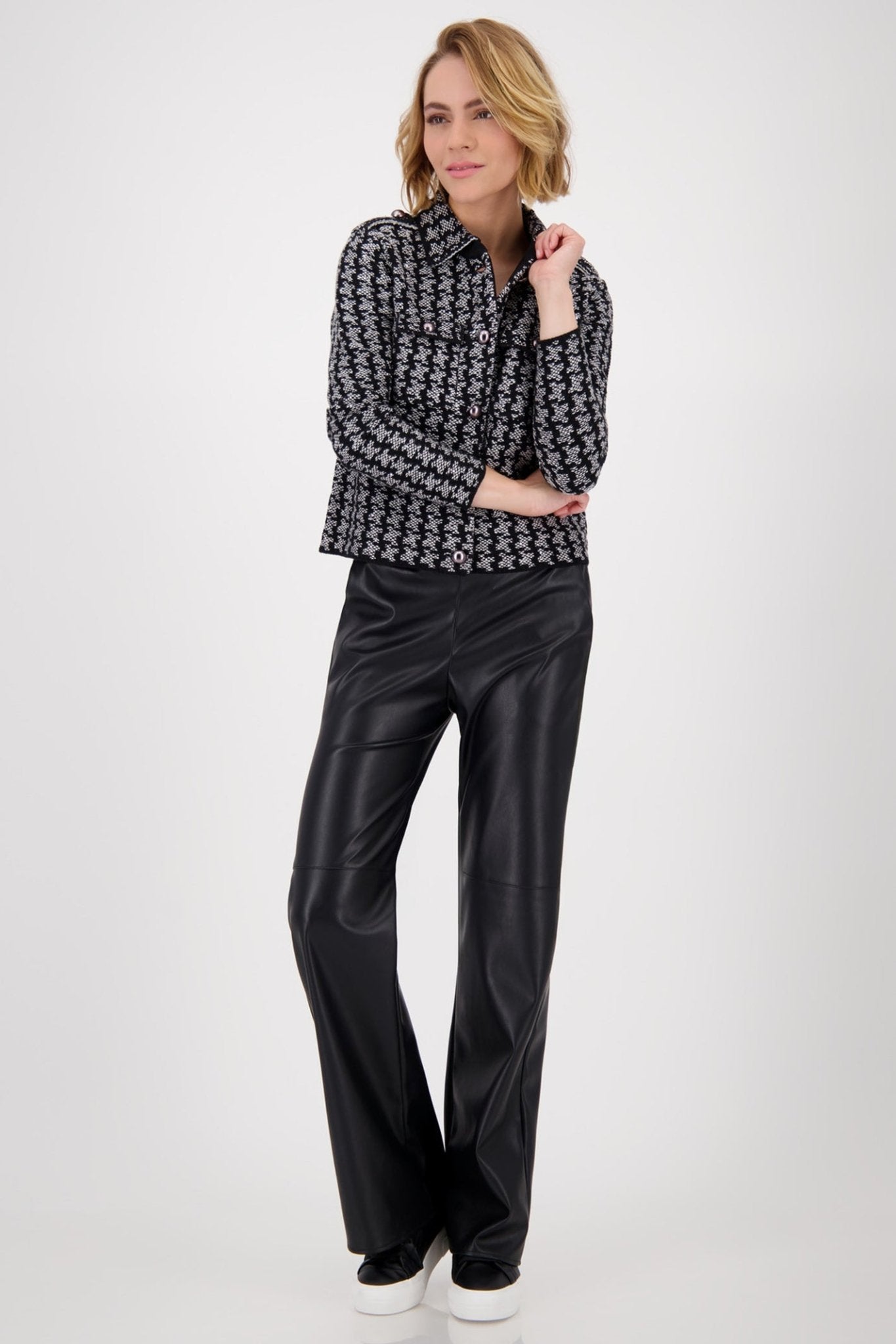 Monari 809062 Ash Grey Melange Houndstooth Knit Cardigan - Dotique - Monari