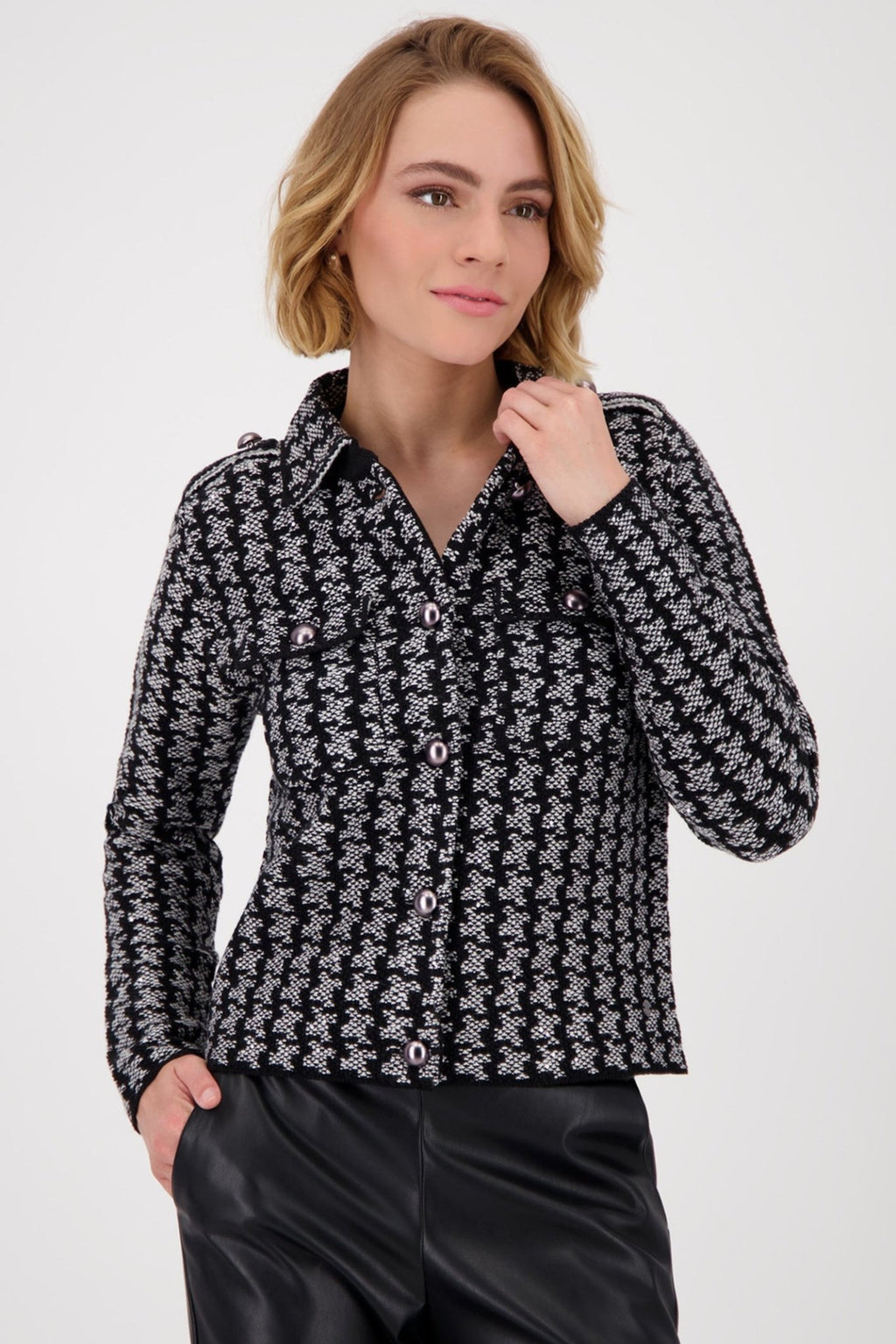Monari 809062 Ash Grey Melange Houndstooth Knit Cardigan - Dotique - Monari