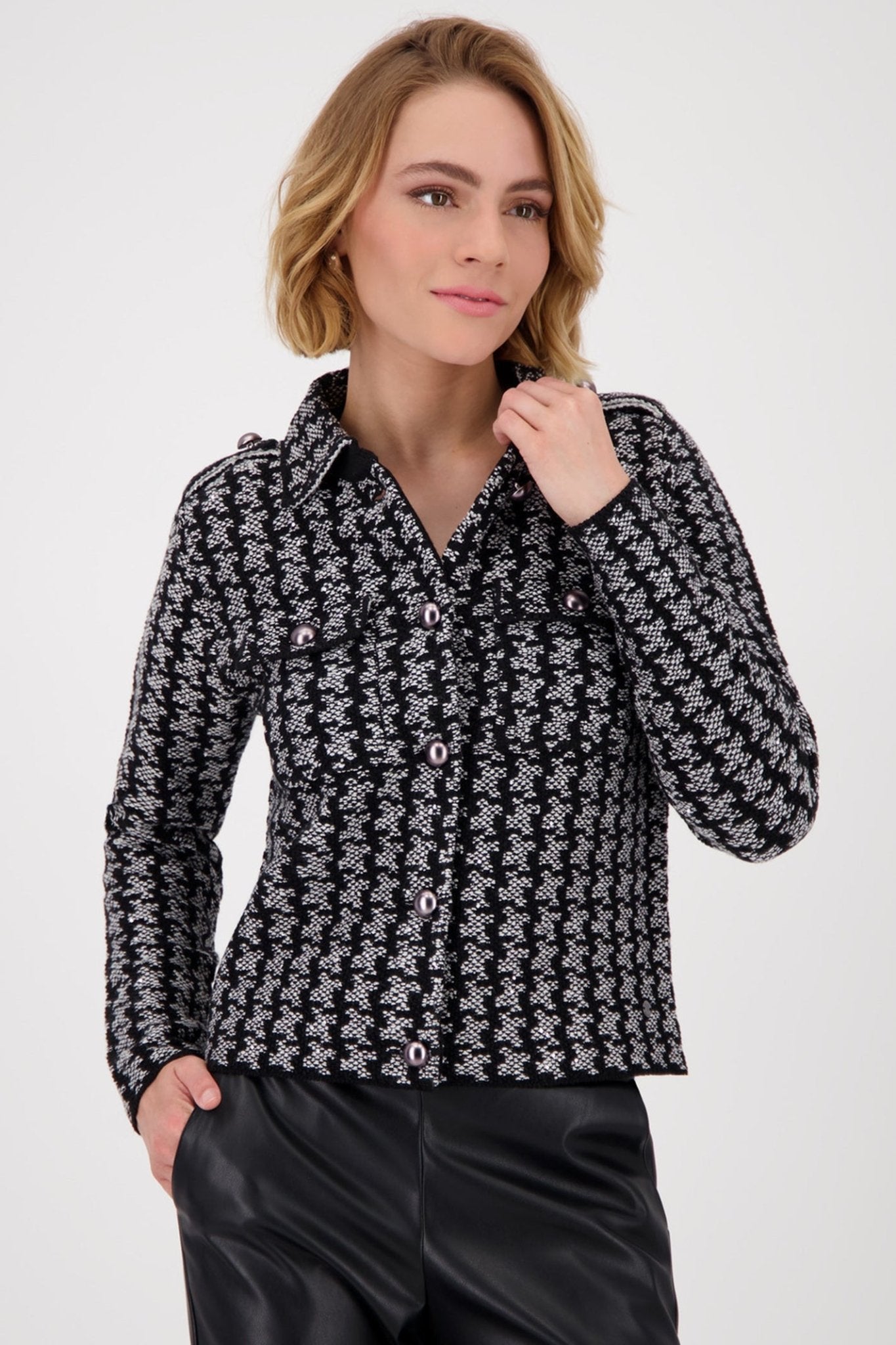 Monari 809062 Ash Grey Melange Houndstooth Knit Cardigan - Dotique - Monari