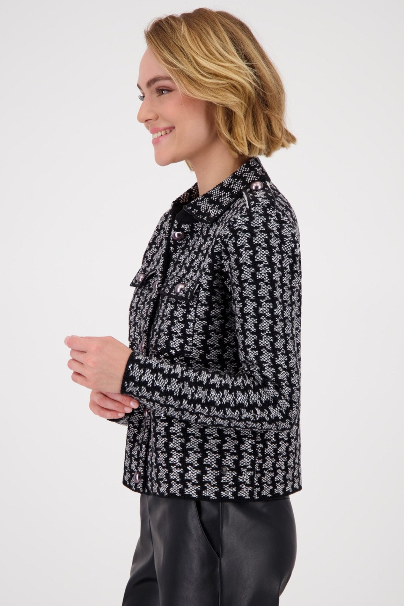 Monari 809062 Ash Grey Melange Houndstooth Knit Cardigan - Dotique - Monari