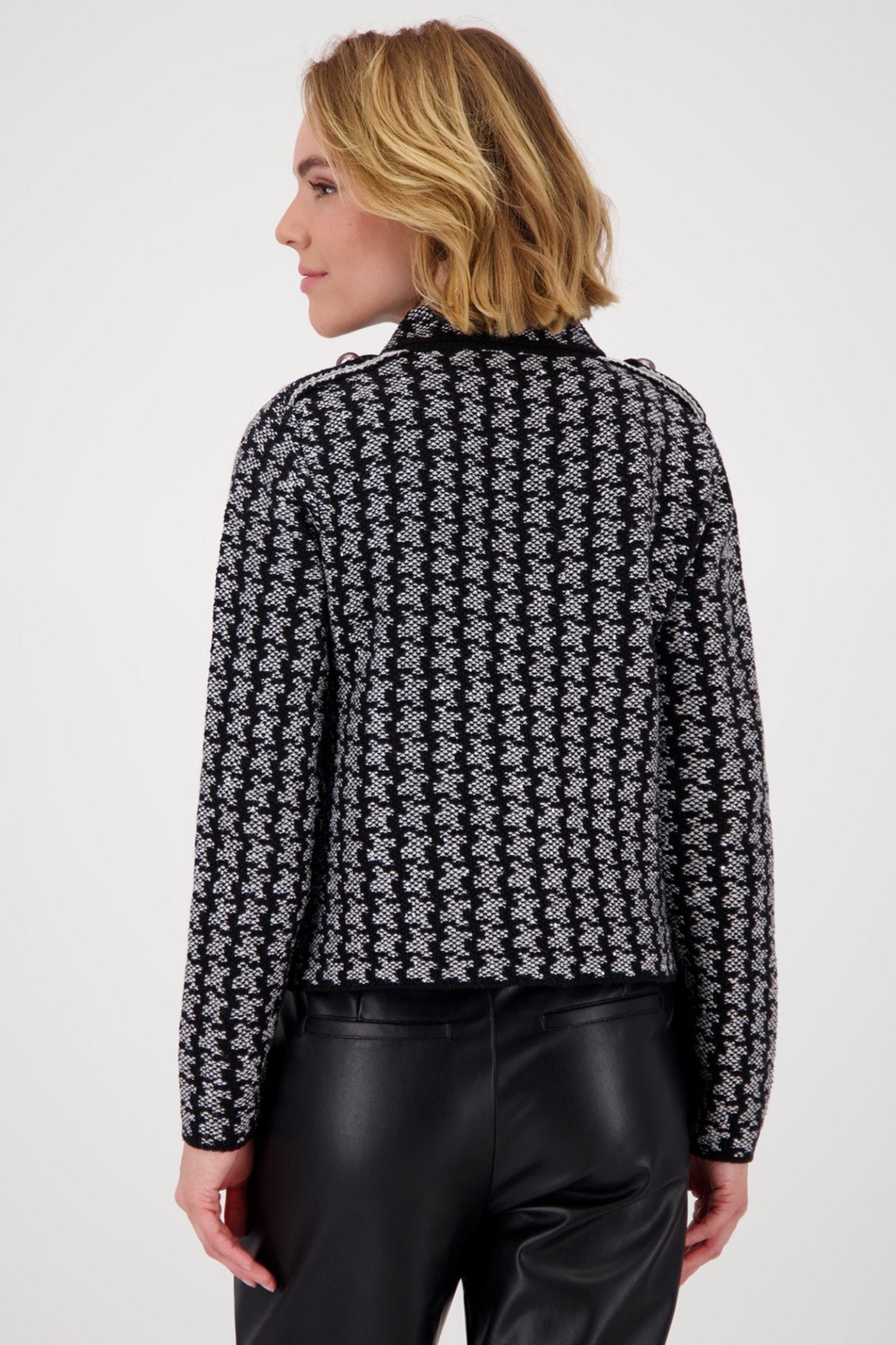 Monari 809062 Ash Grey Melange Houndstooth Knit Cardigan - Dotique - Monari
