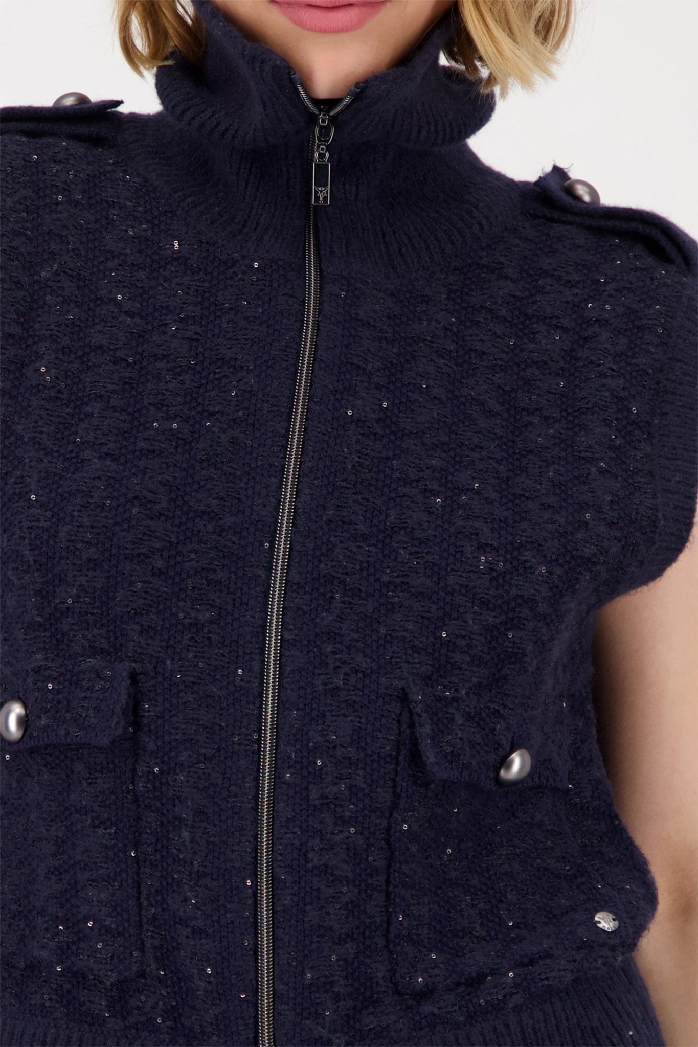 Monari 809107 Night Sky Navy Tweed Knit Gilet - Dotique - Monari