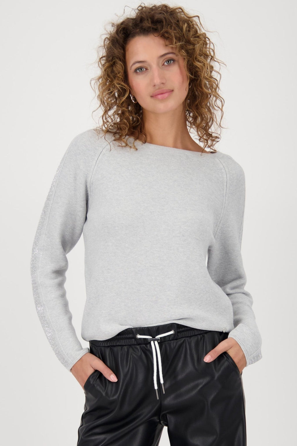 Monari 809131 Ash Grey Melange Embellished Knit Jumper - Dotique - Monari