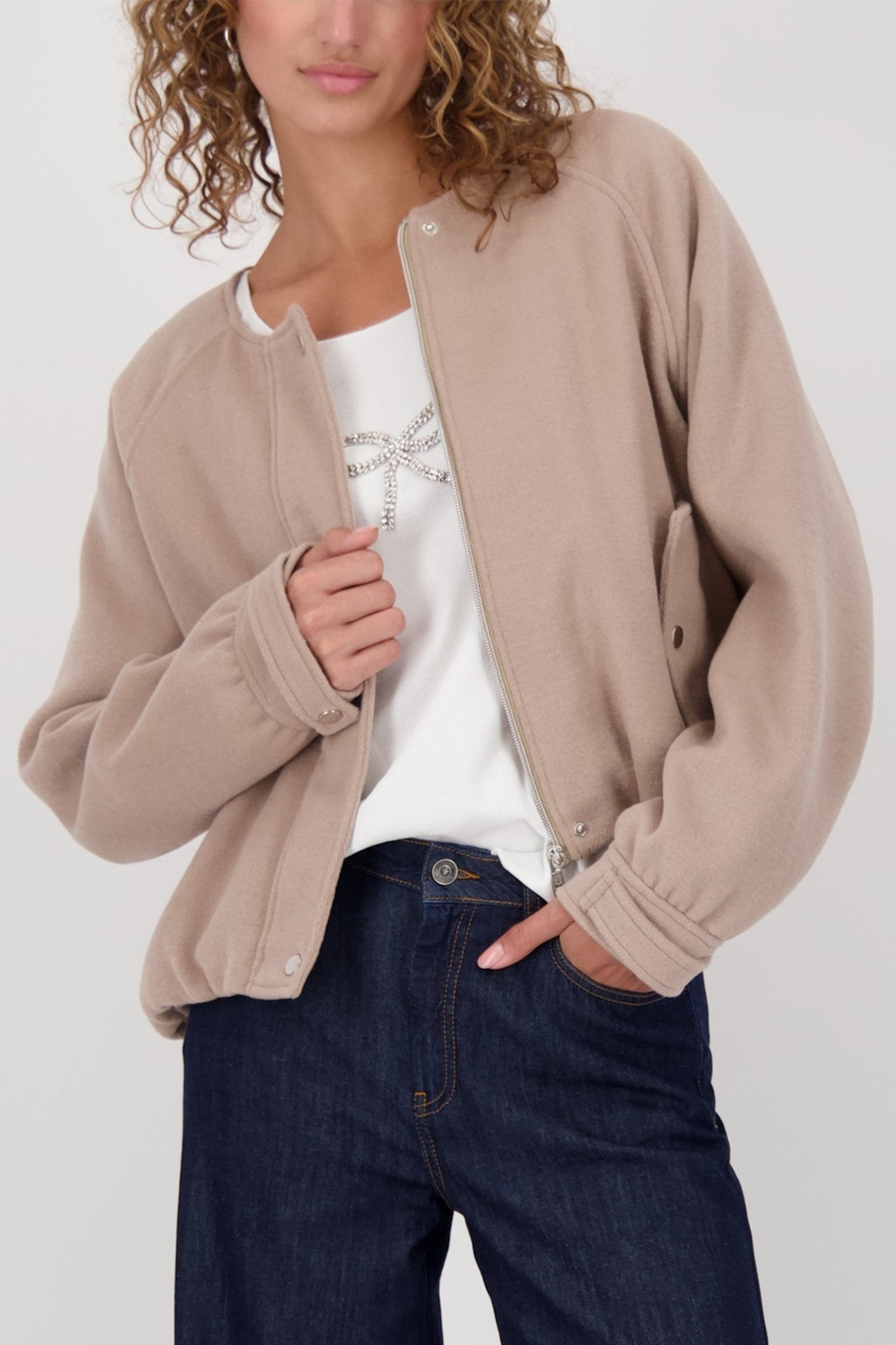 Monari 809162 Truffle Taupe Bomber - Style Knit Jacket - Dotique - Monari