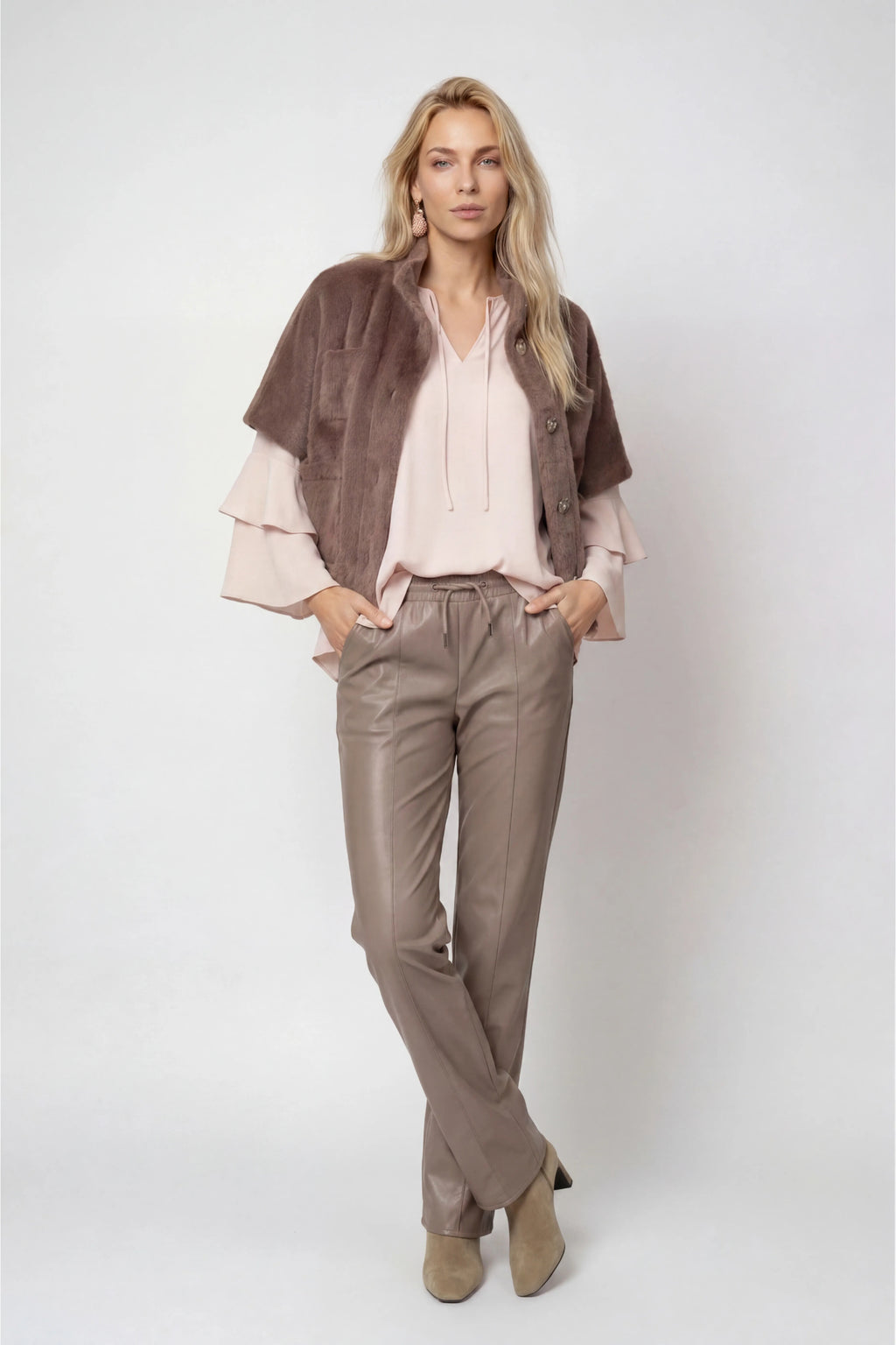 Model wearing Monari 809721 Blouse Rosewater with layered sleeves, shop Monari at Dotique for elegant feminine styles