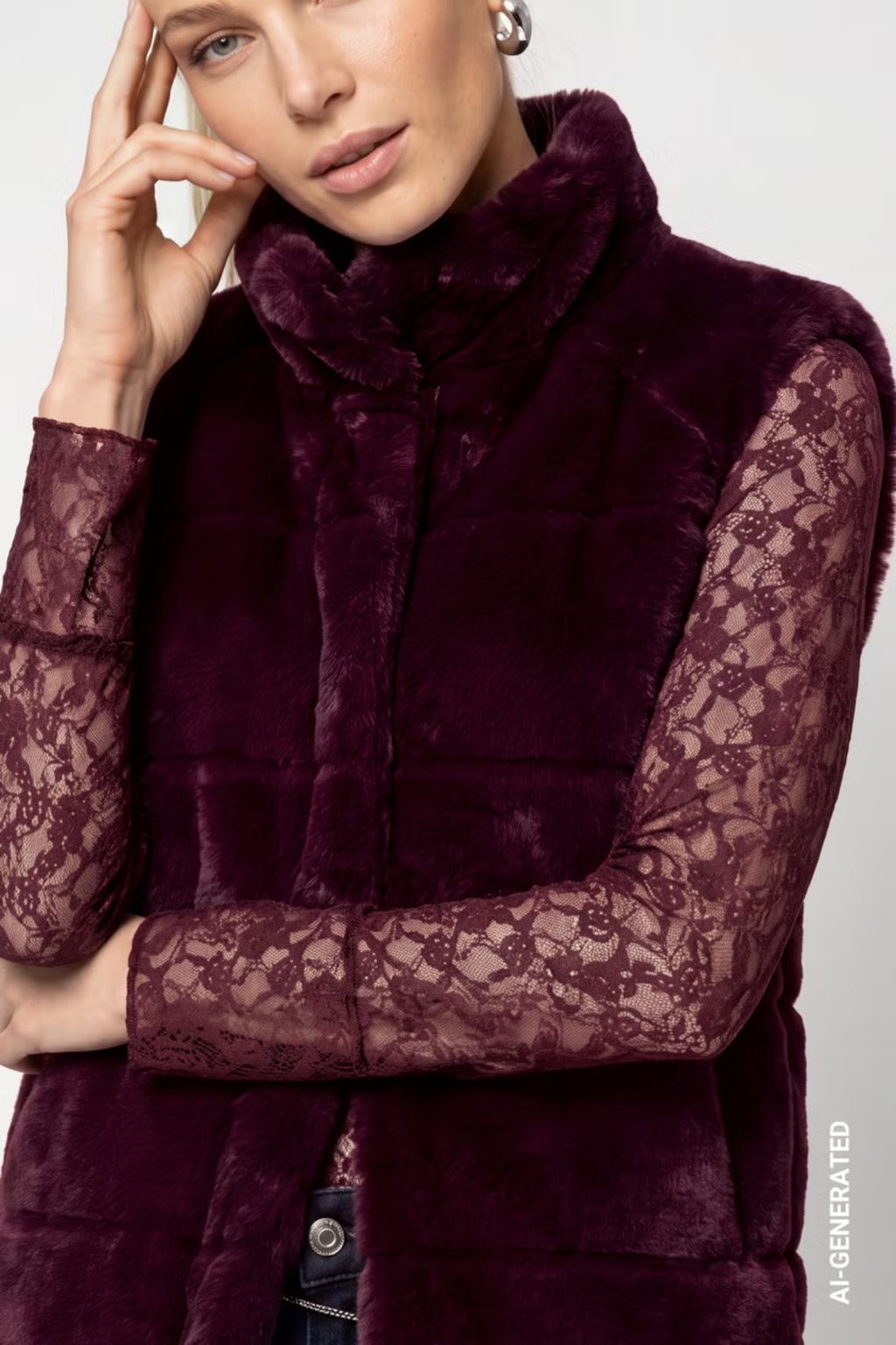 Monari 809785 Gilet - Dark Bordeaux quilted gilet over lace sleeves Shop Monari at Dotique