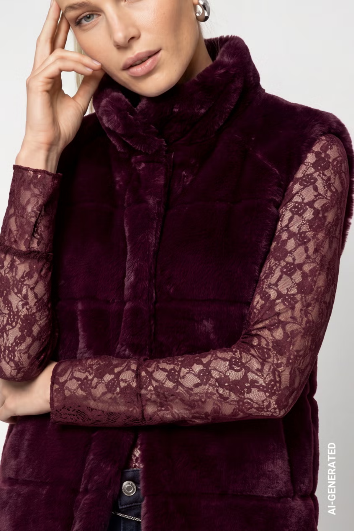 Monari 809785 Gilet - Dark Bordeaux quilted gilet over lace sleeves Shop Monari at Dotique