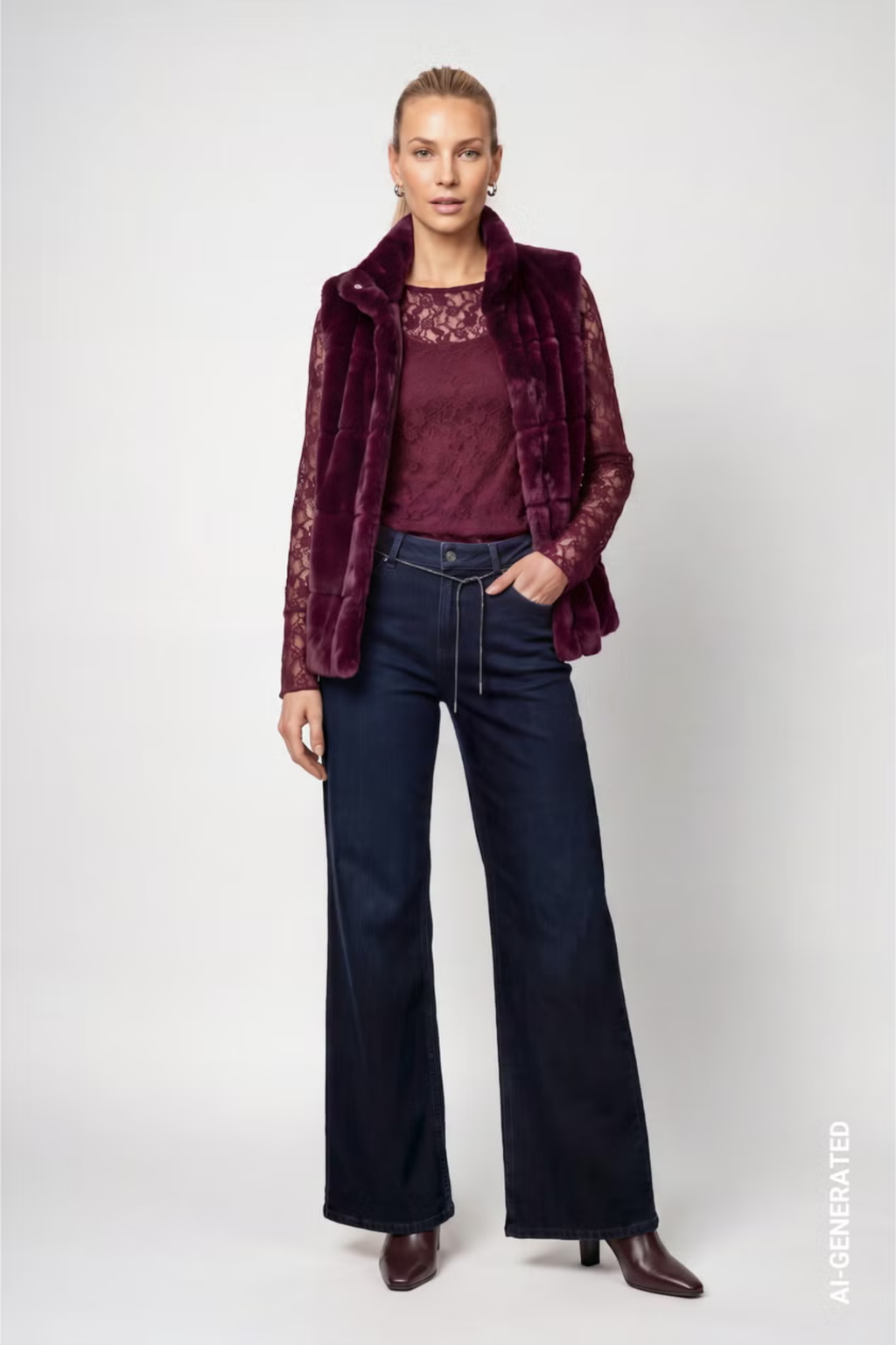 Monari 809785 Gilet - Dark Bordeaux by Monari on model. Shop Monari at Dotique.