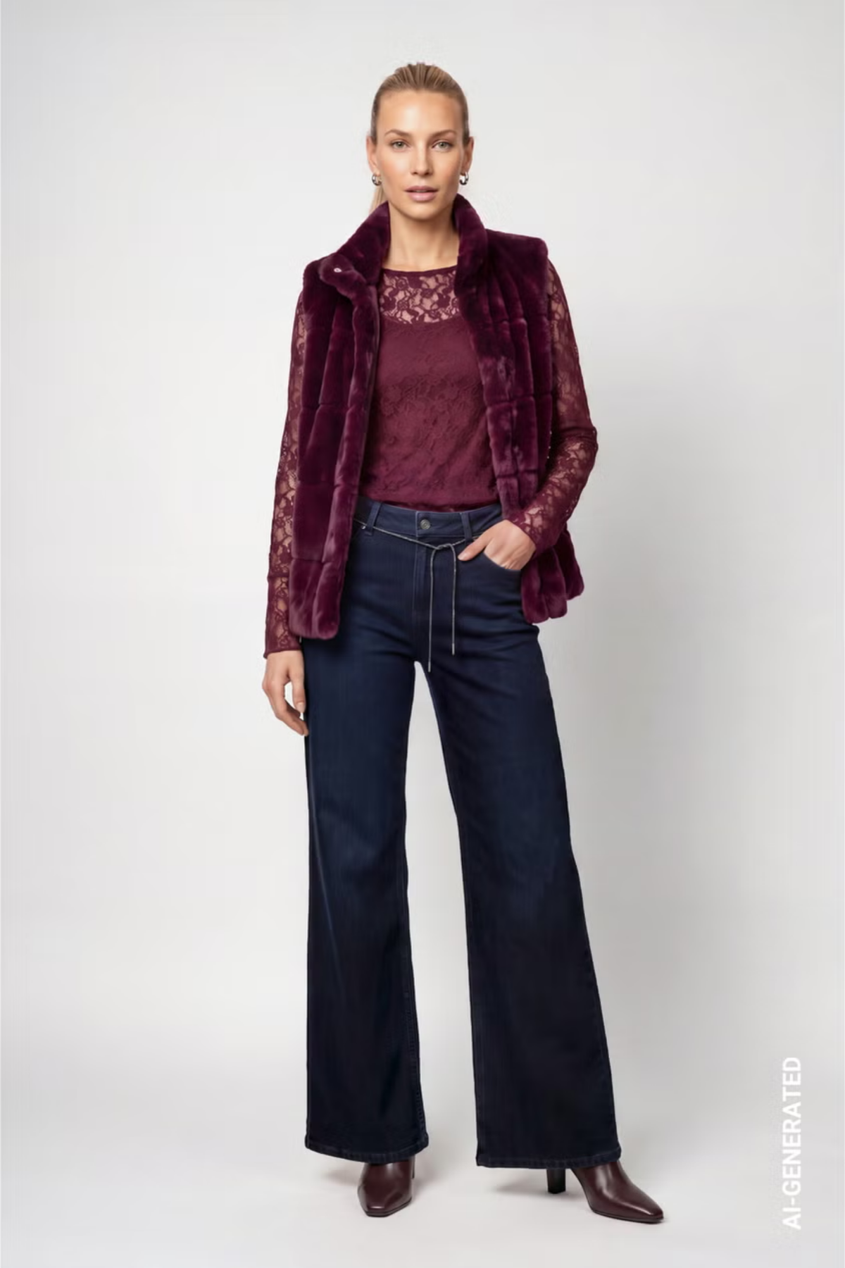 Monari 809785 Gilet - Dark Bordeaux by Monari on model. Shop Monari at Dotique.