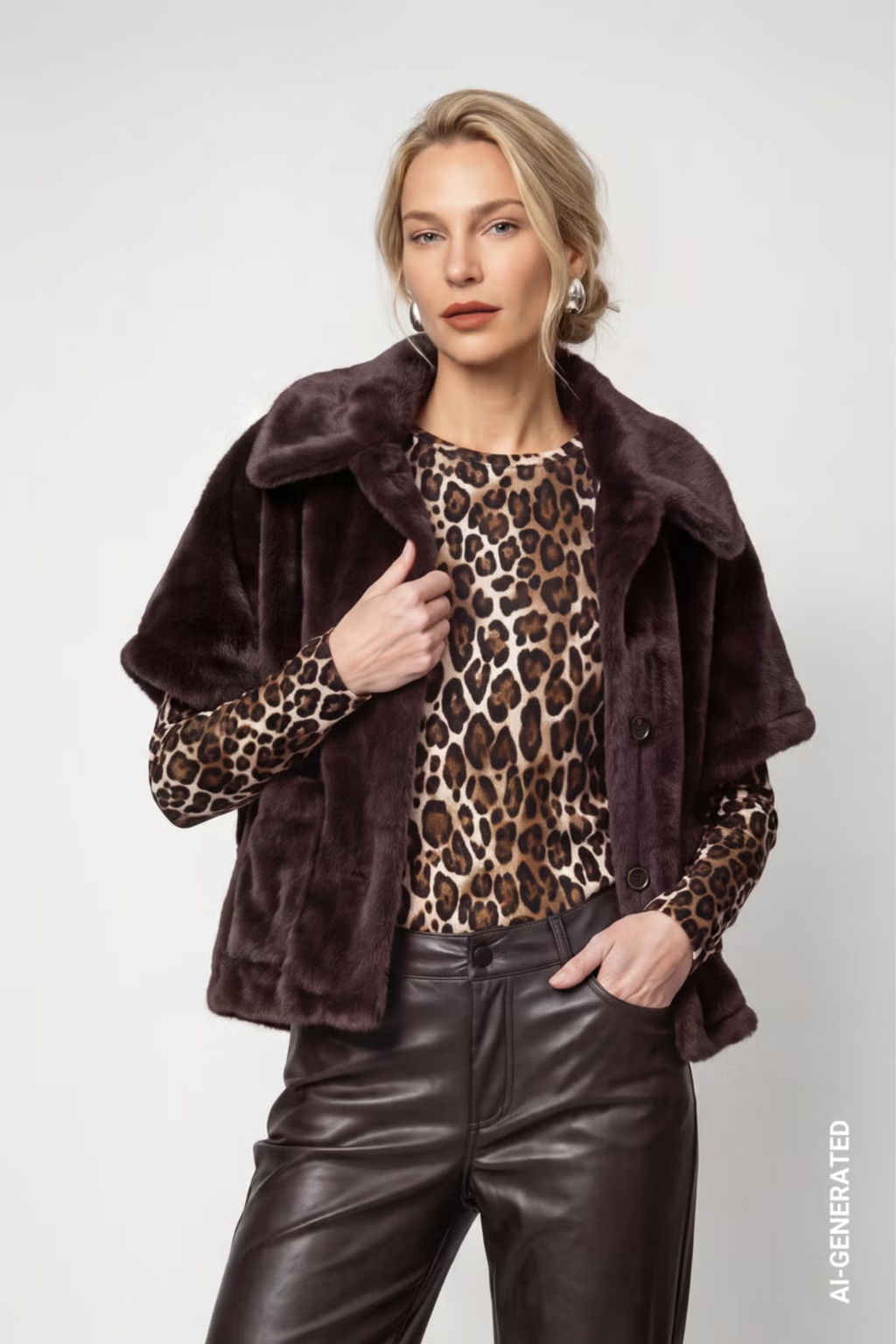 Monari 809797 Faux Fur Jacket Chocolate Brown worn by model Shop Monari at Dotique