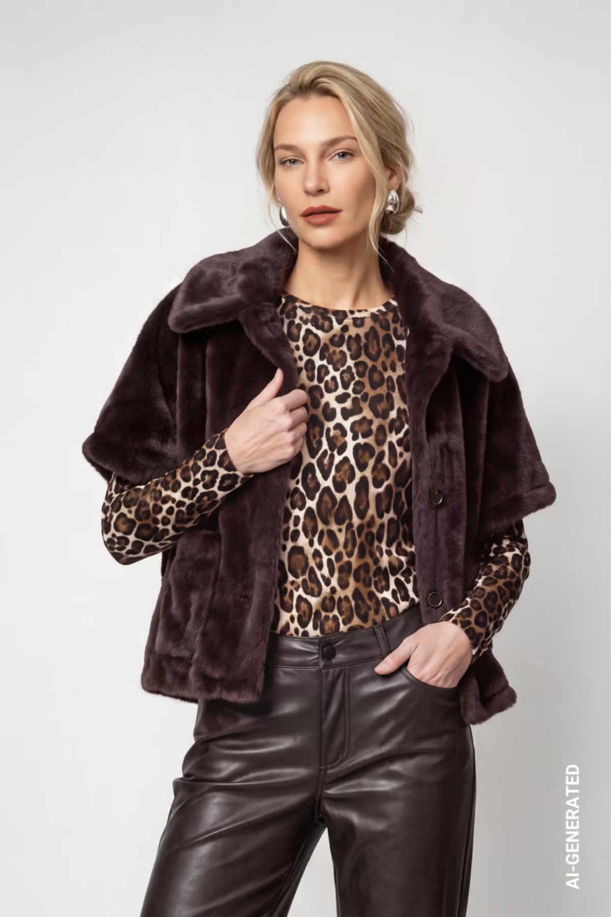 Monari 809797 Faux Fur Jacket Chocolate Brown worn by model Shop Monari at Dotique
