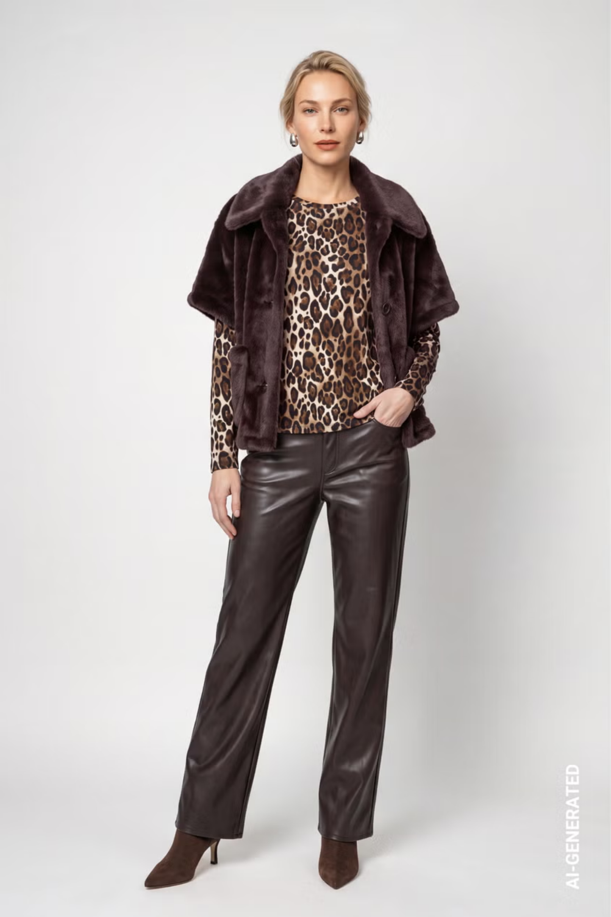 Monari 809797 Faux Fur Jacket Chocolate Brown worn by a model Shop Monari at Dotique