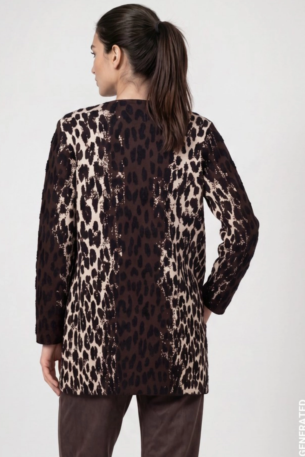 Monari 809888 Long Leopard Jacquard Cardigan – Black Coffee back view Shop Monari at Dotique
