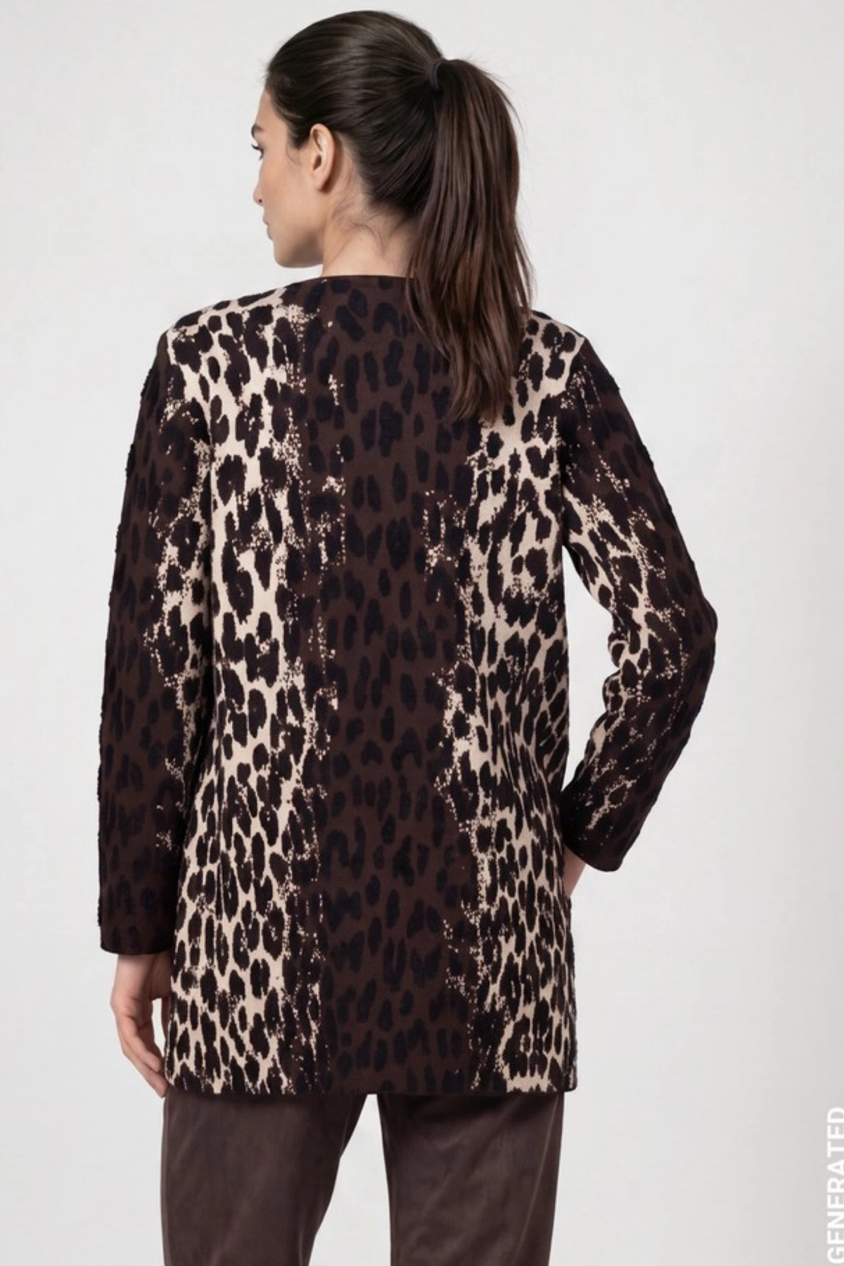 Monari 809888 Long Leopard Jacquard Cardigan – Black Coffee back view Shop Monari at Dotique