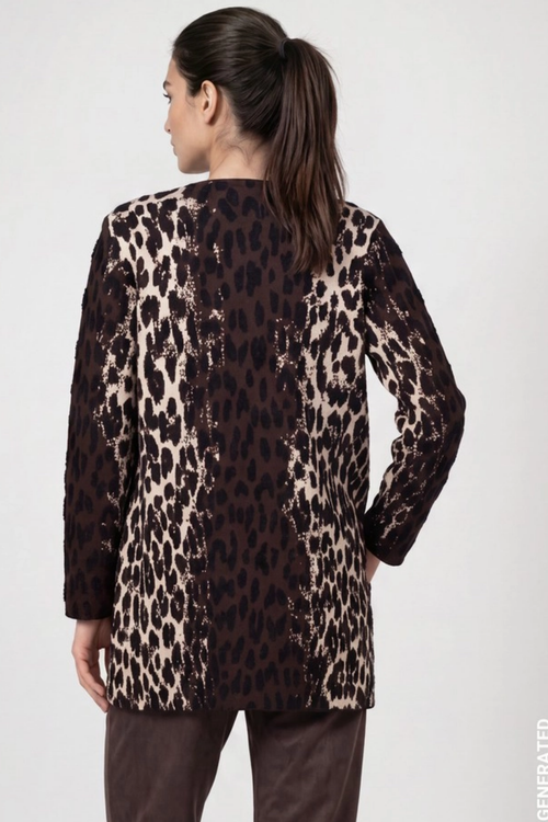 Monari 809888 Long Leopard Jacquard Cardigan – Black Coffee back view Shop Monari at Dotique