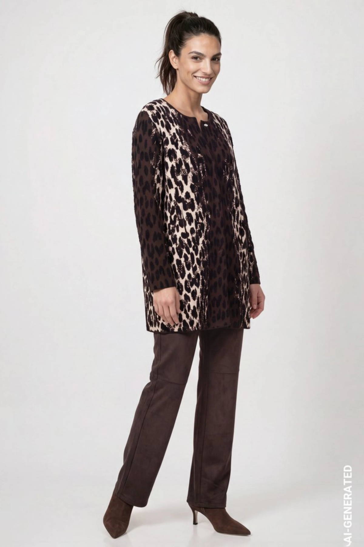 Monari 809888 Long Leopard Jacquard Cardigan – Black Coffee worn by a model. Shop Monari at Dotique