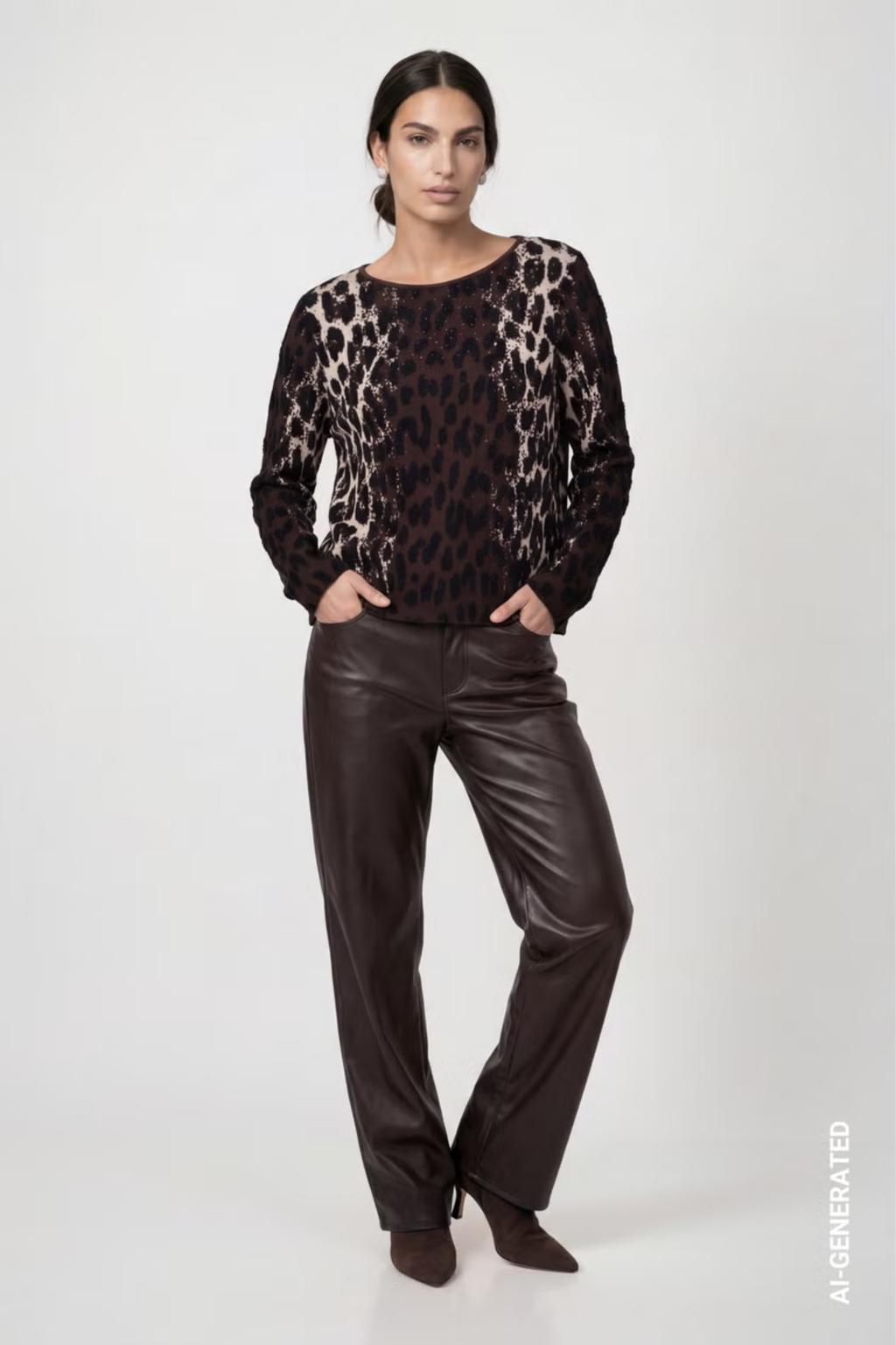 Monari 809889 Leopard Jacquard Knitted Jumper – Black Coffee. Shop Monari at Dotique
