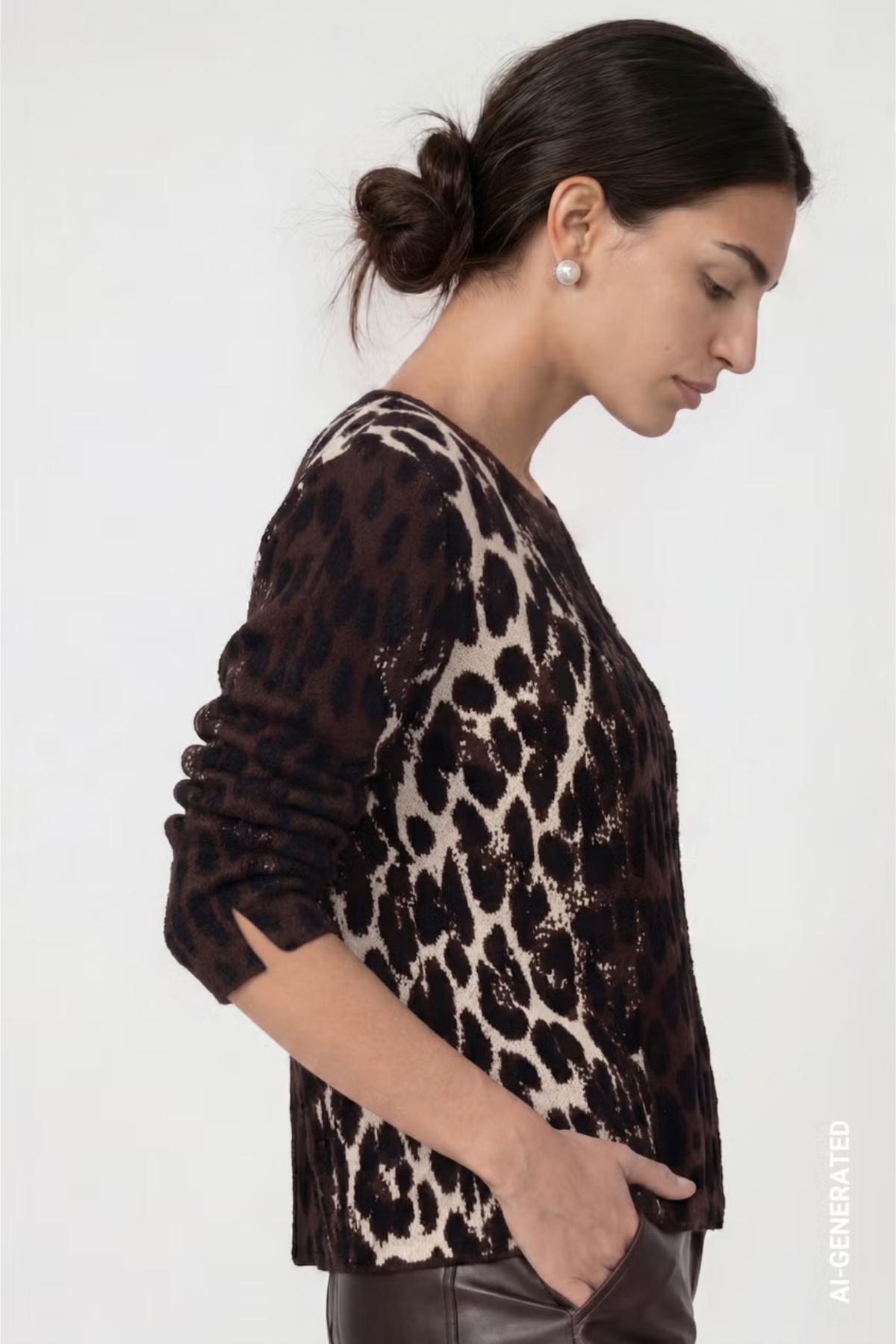 Monari 809889 Leopard Jacquard Knitted Jumper – Black Coffee worn by model. Shop Monari at Dotique