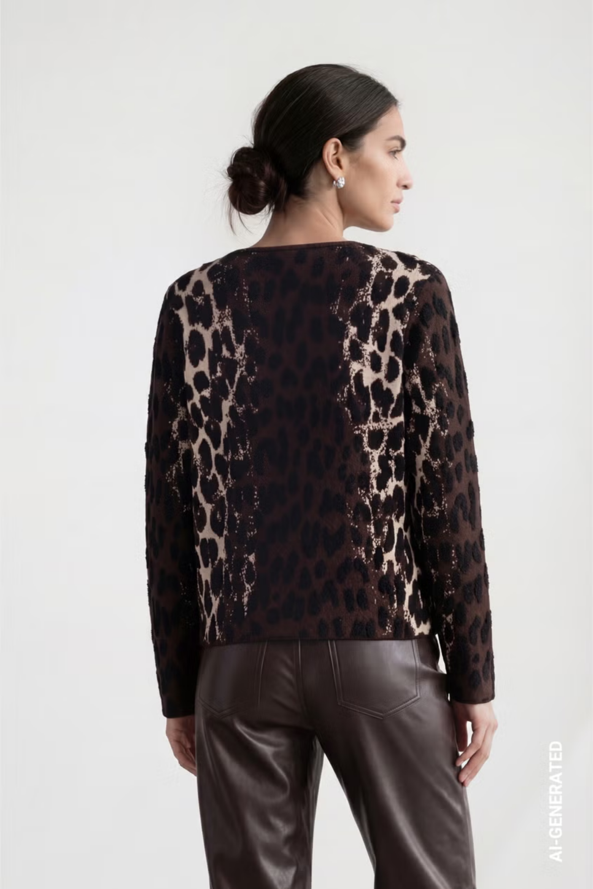 Back view of Monari 809889 Leopard Jacquard Knitted Jumper – Black Coffee. Shop Monari at Dotique.