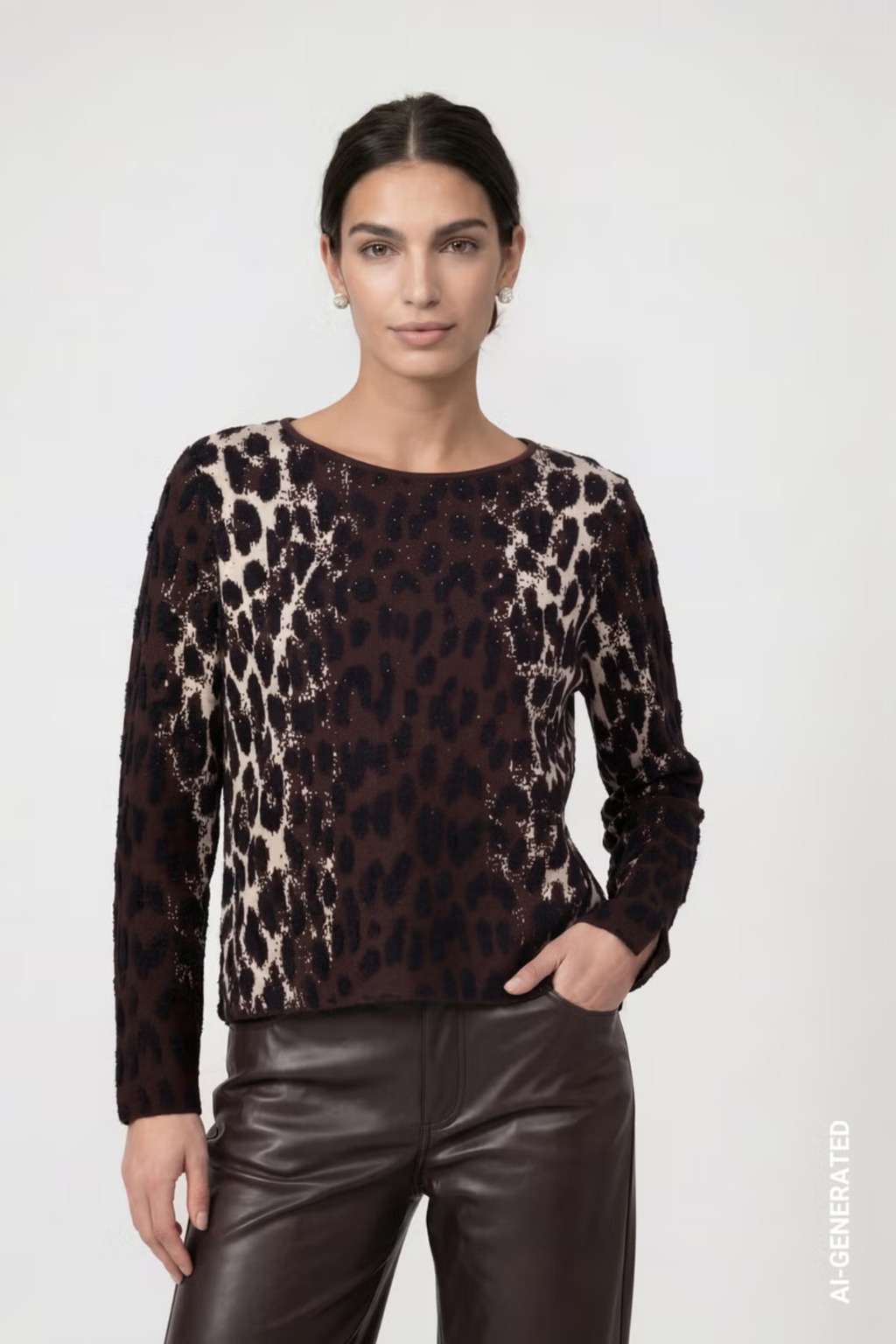 Monari 809889 Leopard Jacquard Knitted Jumper – Black Coffee. Shop Monari at Dotique.
