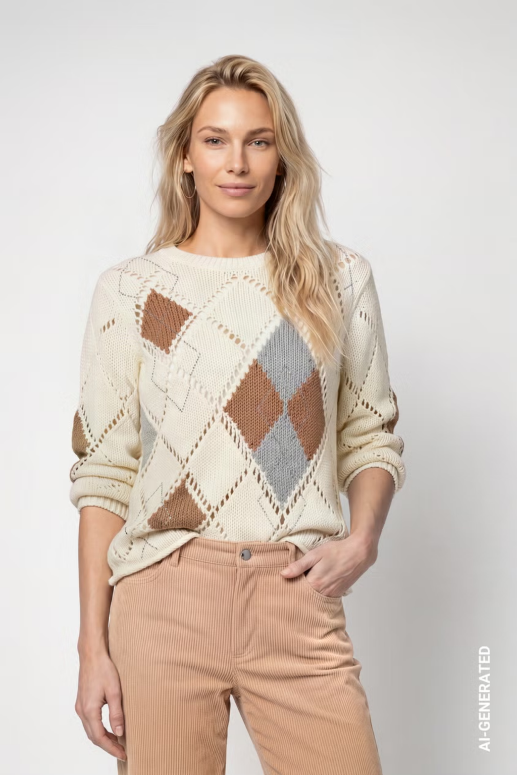 Monari 809927 Ajour Diamond Knitted Jumper – Antique White by Monari. Shop Monari at Dotique.