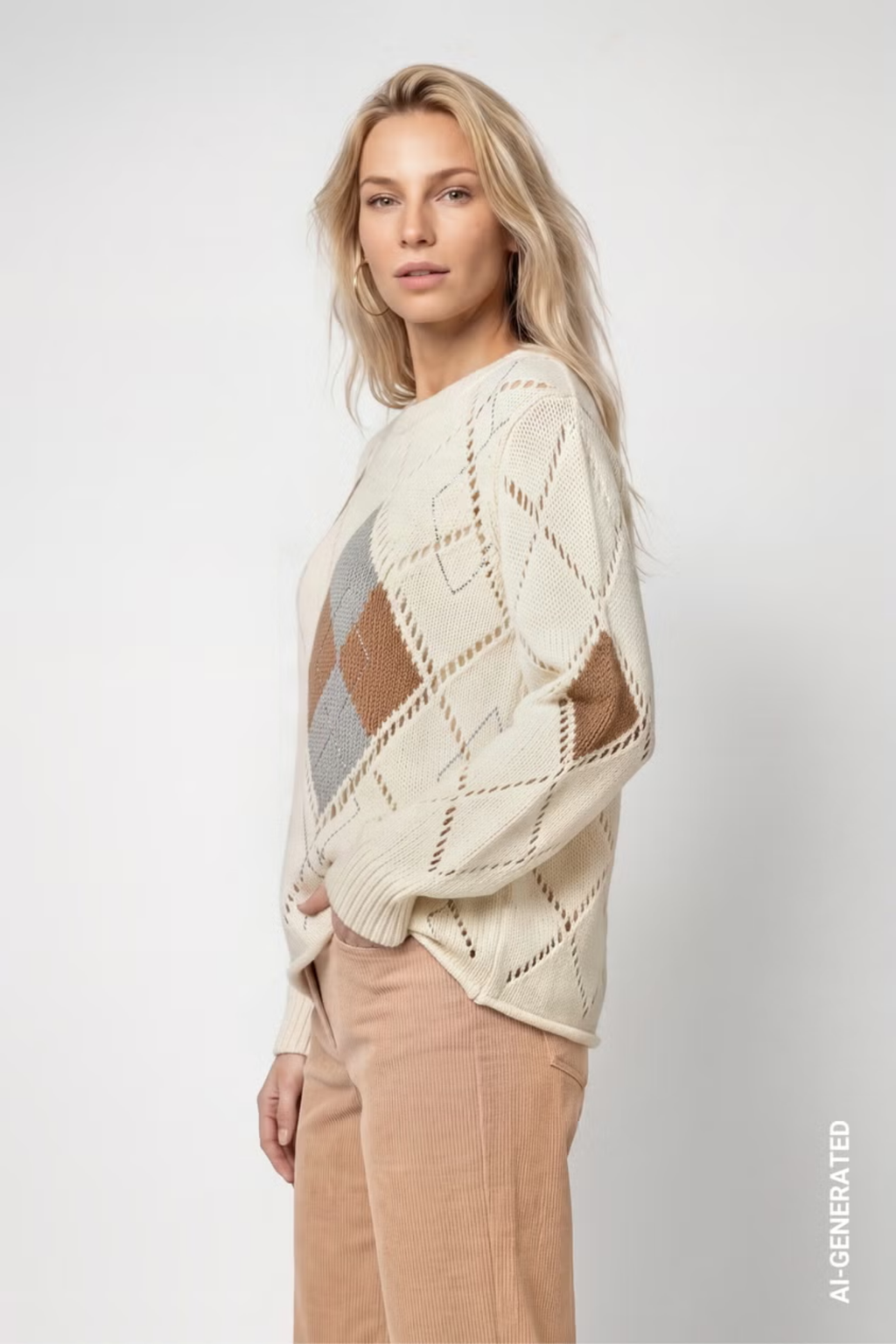 Monari 809927 Ajour Diamond Knitted Jumper – Antique White worn by model Shop Monari at Dotique