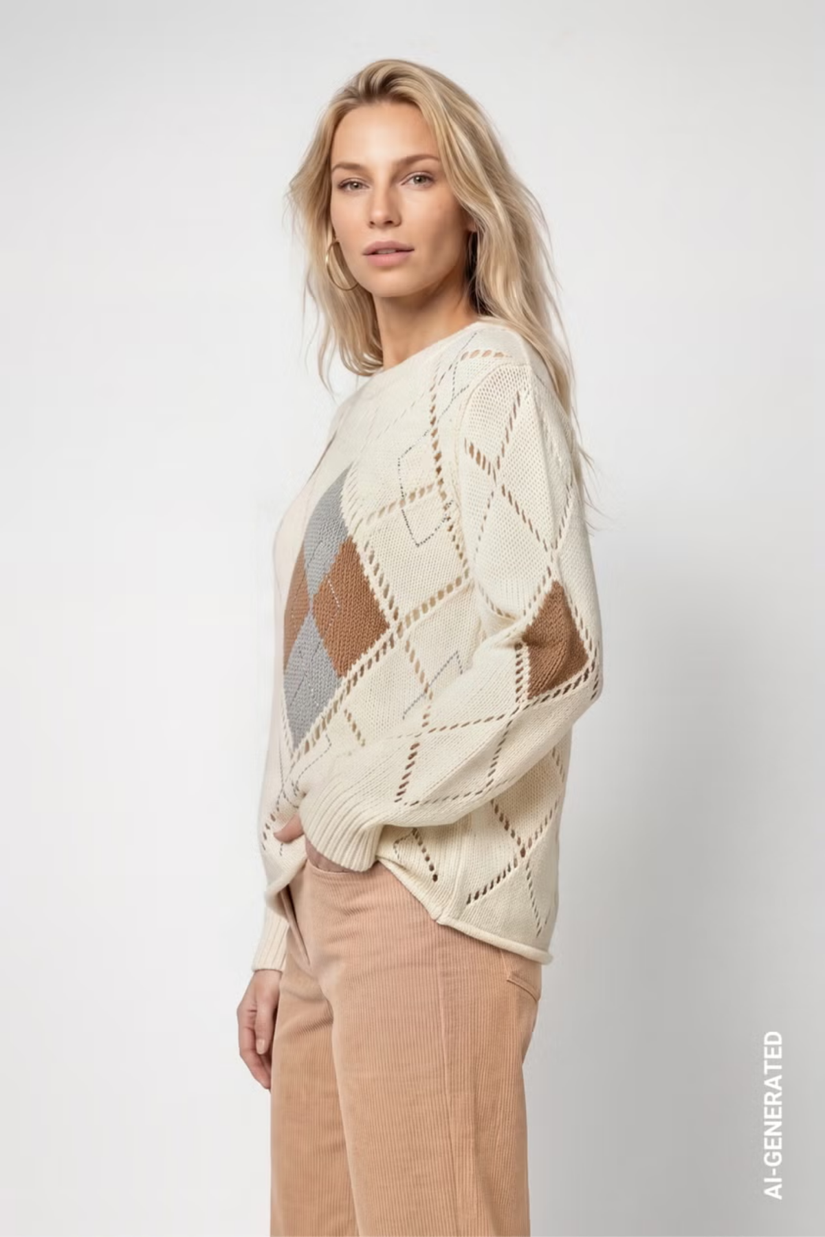 Monari 809927 Ajour Diamond Knitted Jumper – Antique White worn by model Shop Monari at Dotique