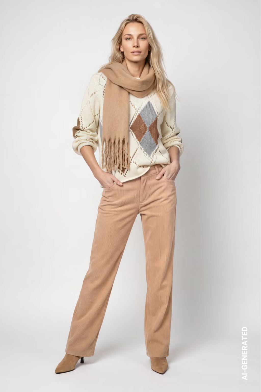 Monari 809927 Ajour Diamond Knitted Jumper – Antique White worn by model. Shop Monari at Dotique.