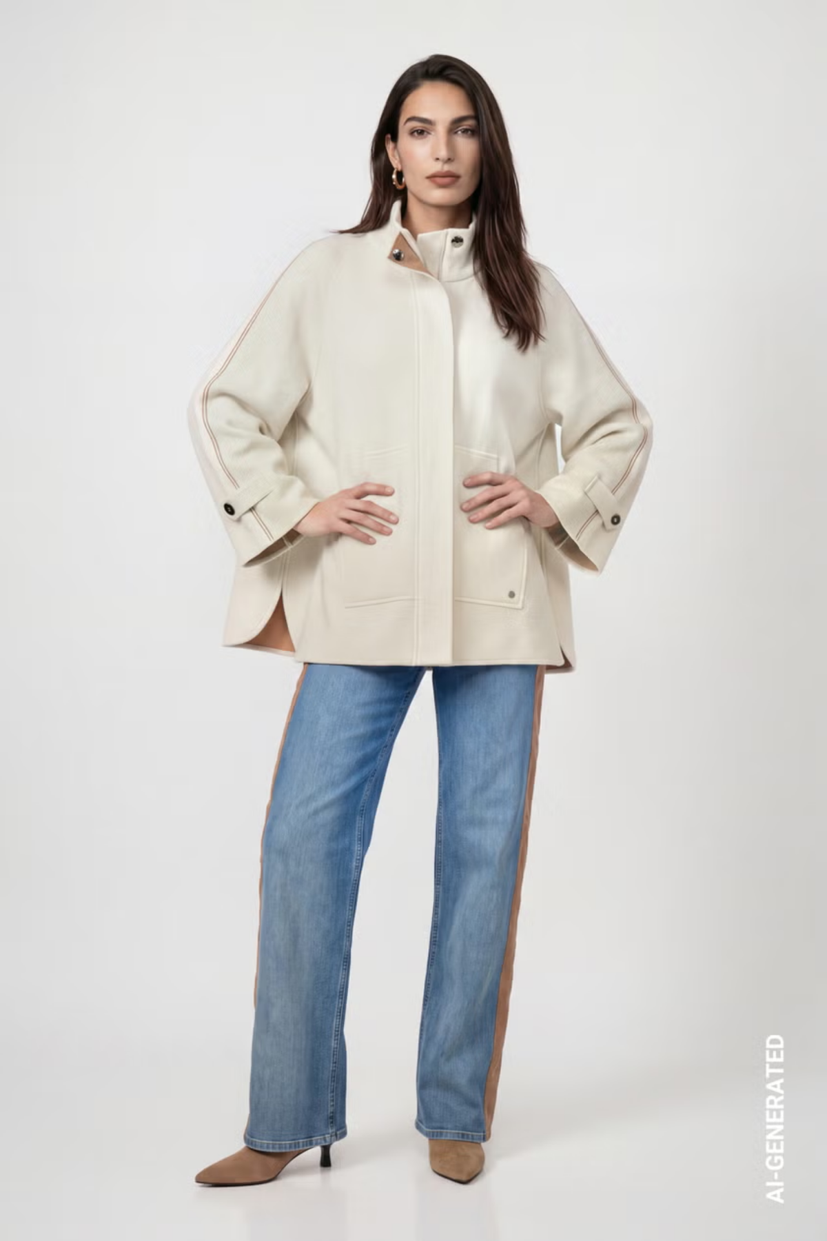 Monari 809951 Double-Faced Cardigan – Antique White on model. Shop Monari at Dotique.