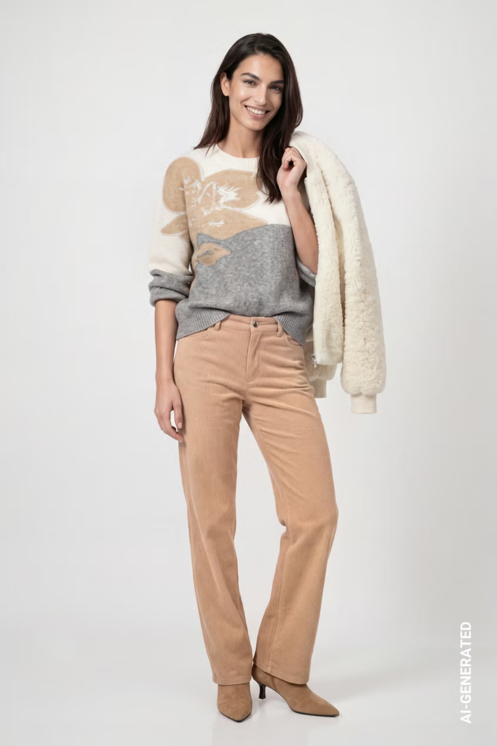 Monari 809965 Floral Intarsia Knitted Jumper – Light Grey Melange on model. Shop Monari at Dotique
