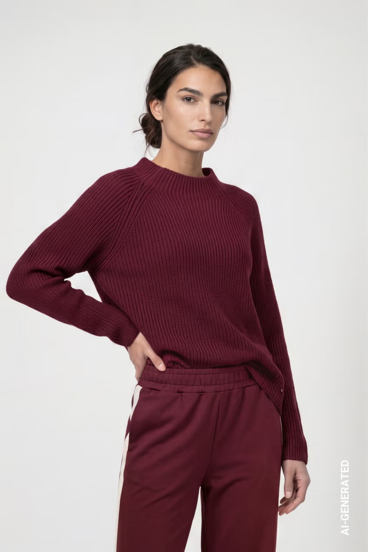 Monari 809982 Stand-Collar Knitted Jumper – Dark Bordeaux on model. Shop Monari at Dotique