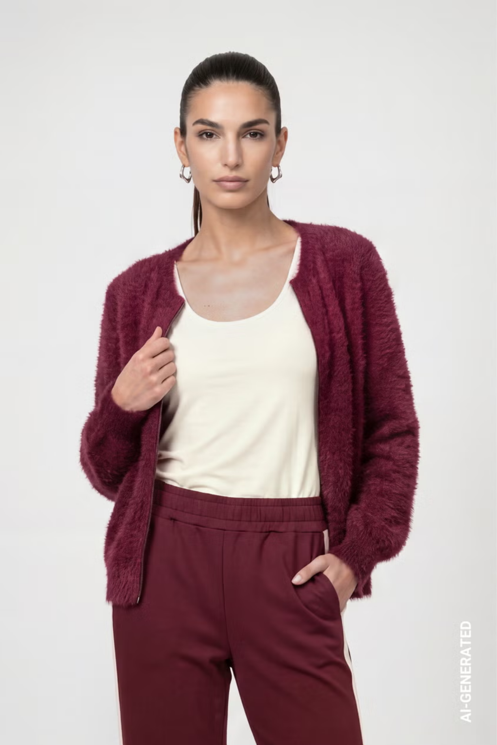 Monari 809985 Fluffy Zip Cardigan – Dark Bordeaux worn with matching trousers. Shop Monari at Dotique