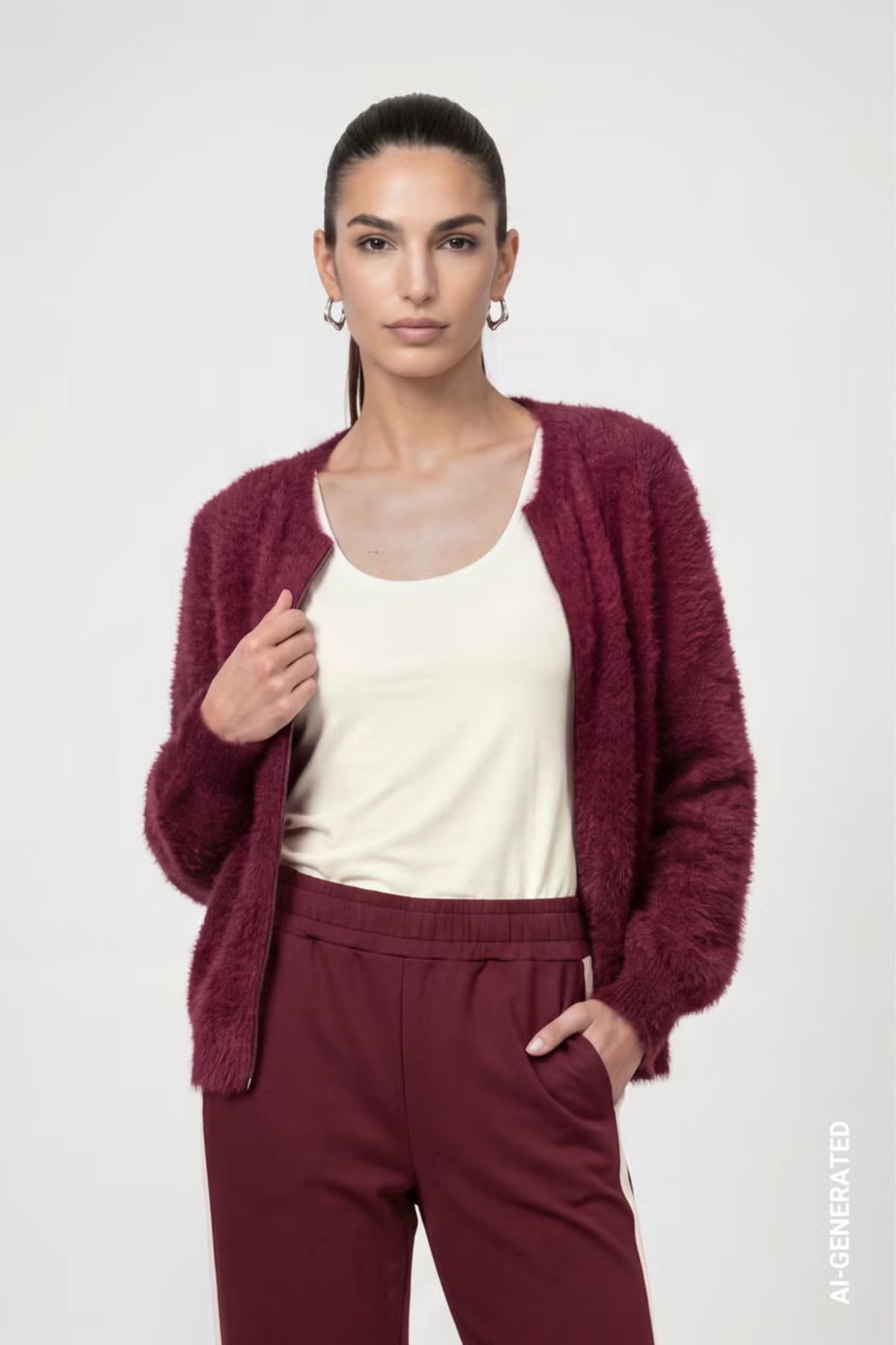 Monari 809985 Fluffy Zip Cardigan – Dark Bordeaux worn with matching trousers. Shop Monari at Dotique