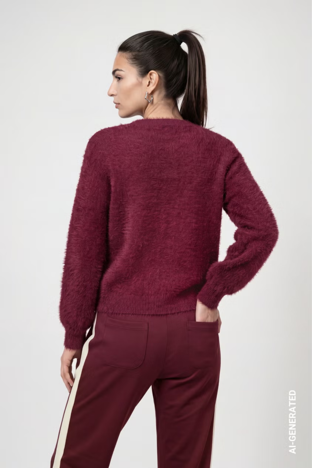 Monari 809985 Fluffy Zip Cardigan – Dark Bordeaux back view. Shop Monari at Dotique.