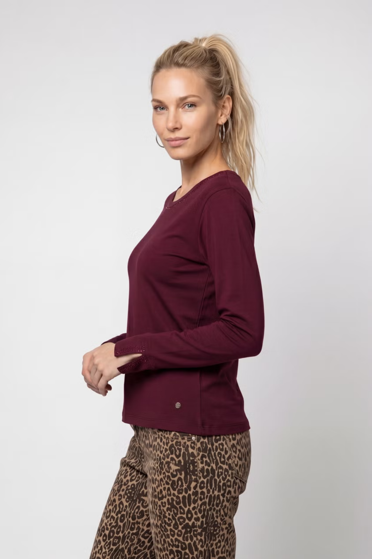 Monari Monari 810053 Rhinestone Long-Sleeved Top – Dark Bordeaux Jumper - Dark Bordeaux Shop Monari at Dotique