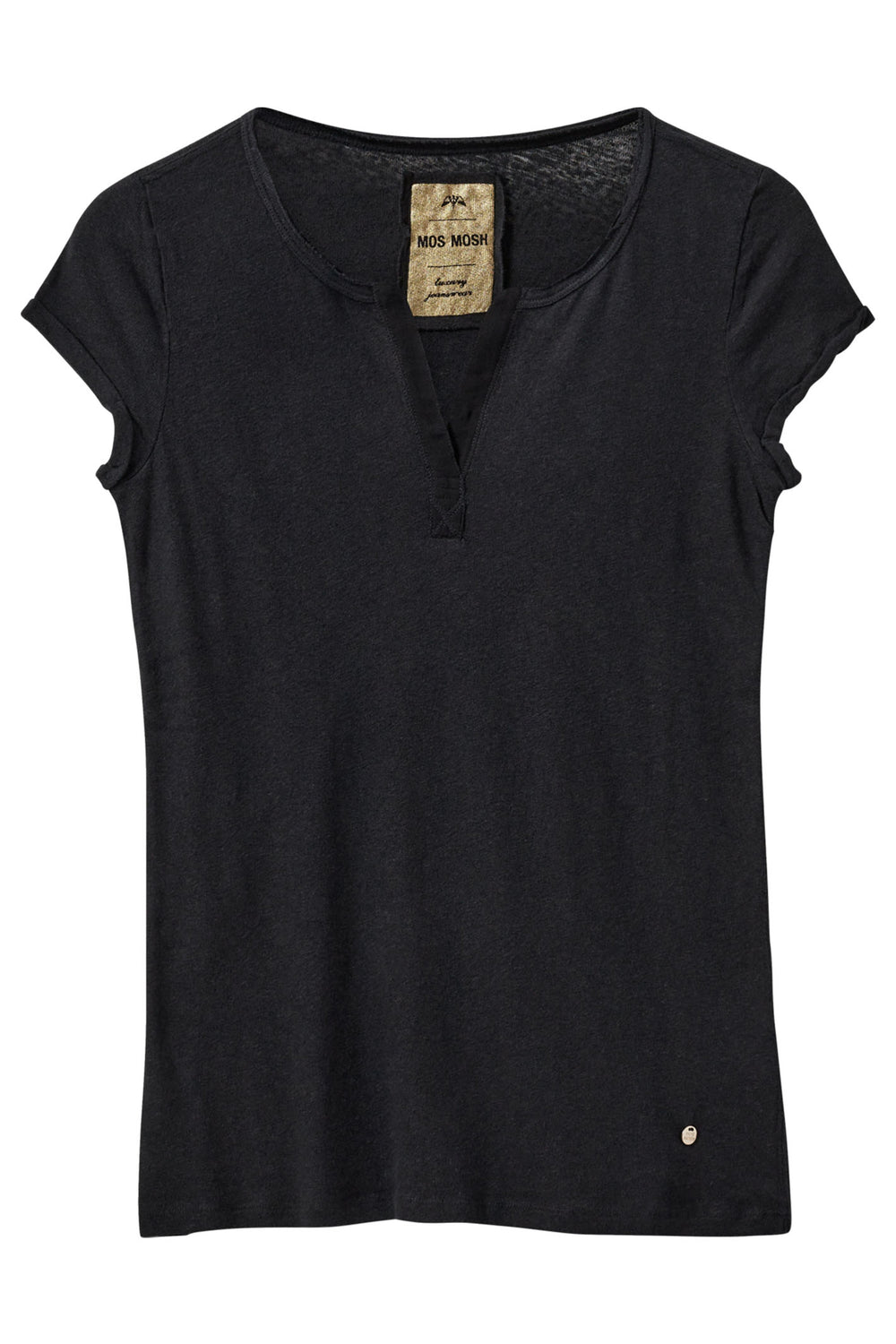 Mos Mosh 133020 MMTroy Black Linen Blend Roll Sleeve T-Shirt - Dotique