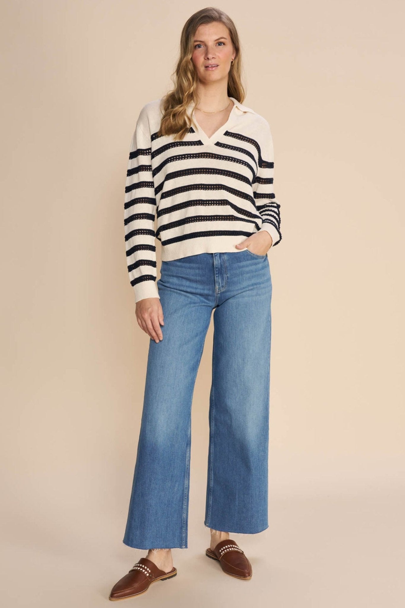 Mos Mosh 158880 MMRora Ecru Cream Striped V-Neck Jumper - Dotique