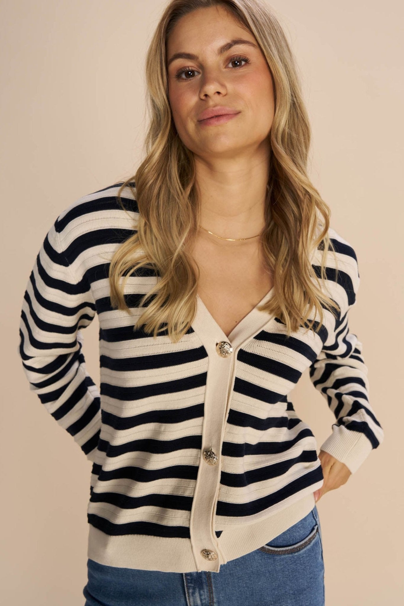 Mos Mosh 158890 MMKisana Ecru Cream Stripe Button Front Cardigan - Dotique