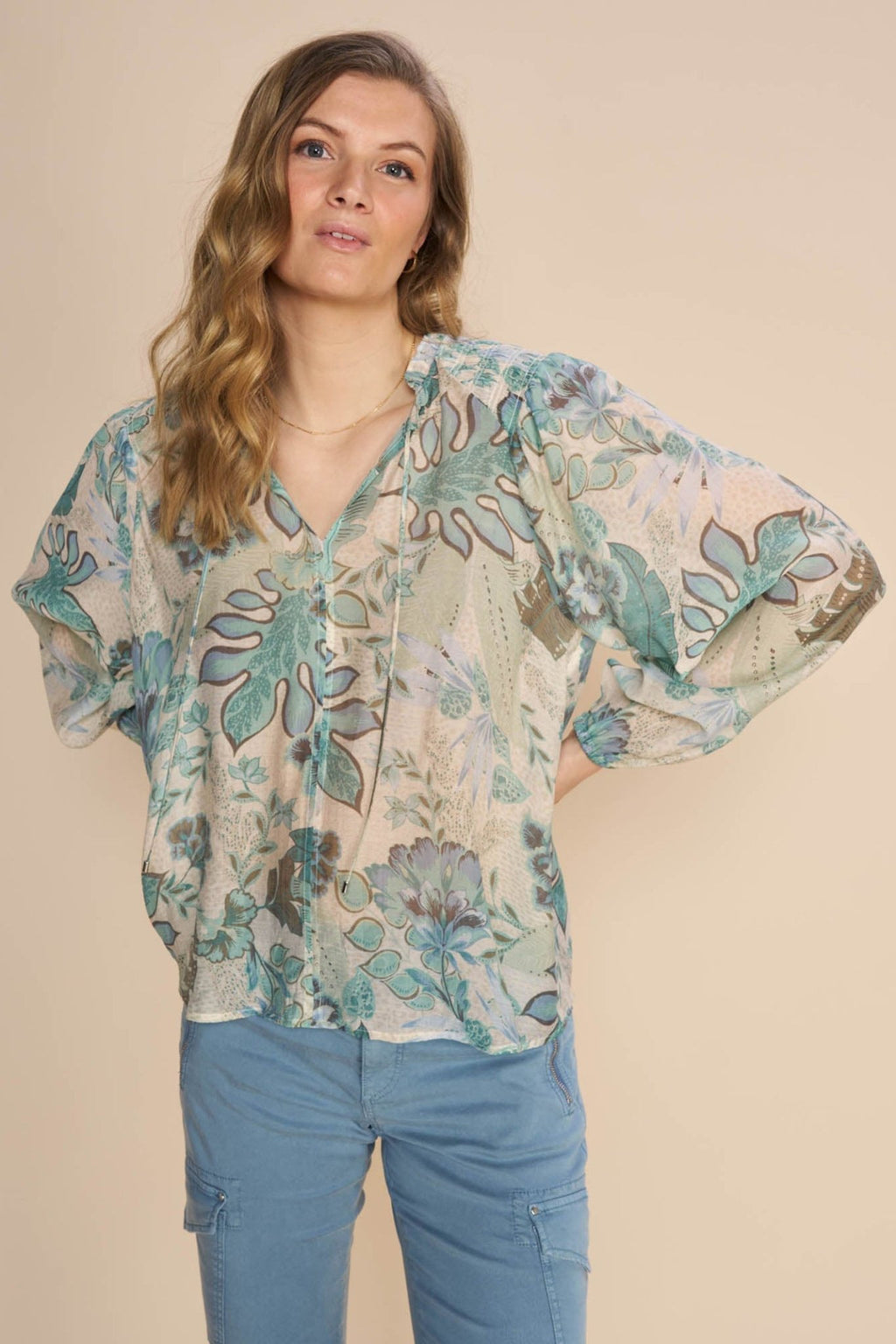 Mos Mosh 159420 MMEisa Wasabi Green Sarasa Floral Print Top - Dotique