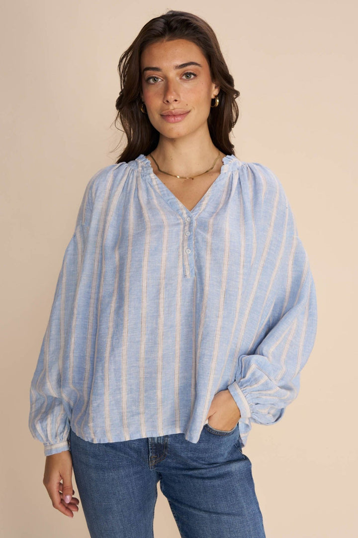 Mos Mosh 159710 MMsafi Cashmere Blue Striped Linen Top - Dotique