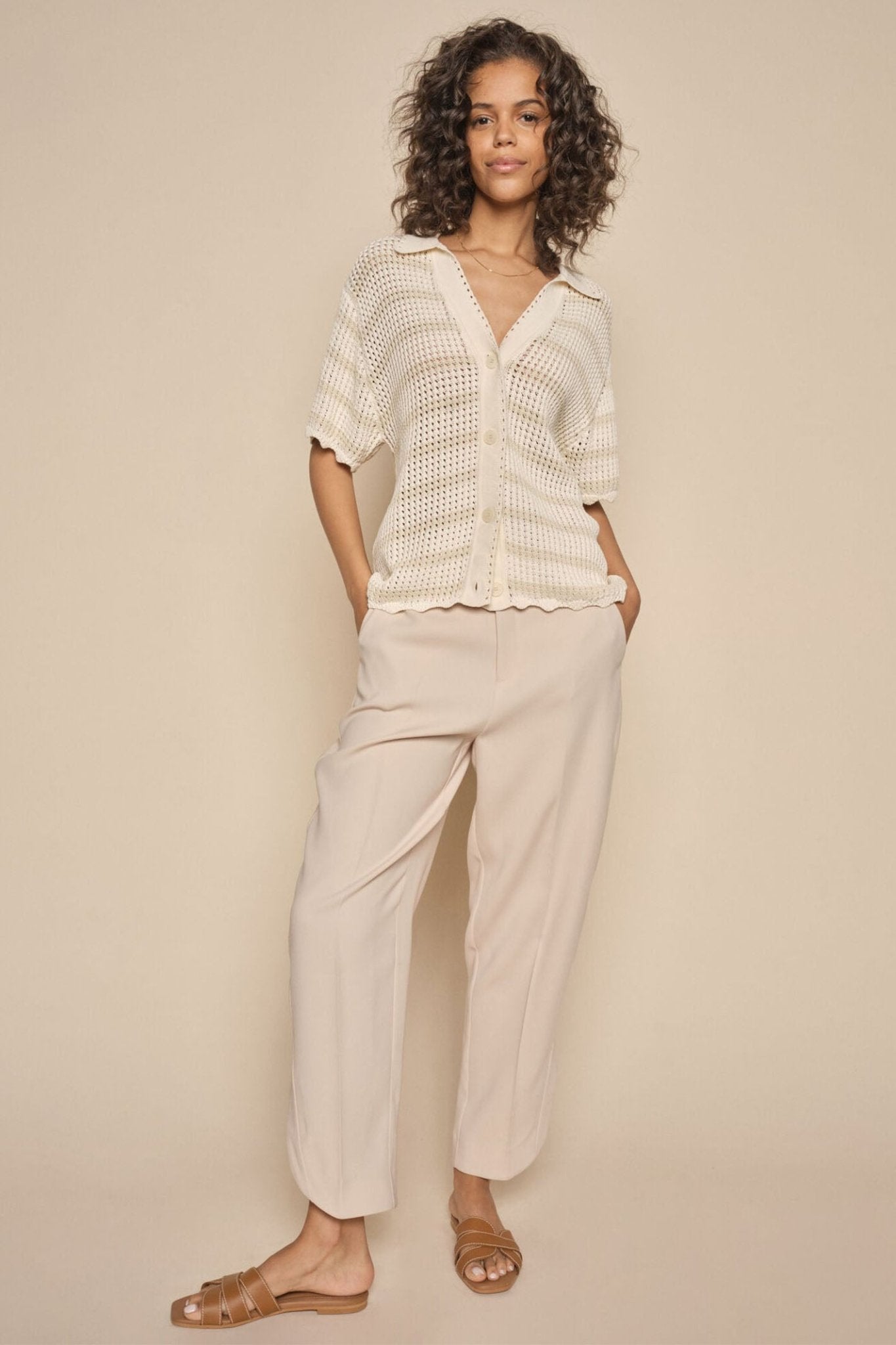 Mos Mosh 162960 MMEyli Cement Taupe Leia Straight Fit Hem Split Trousers - Dotique