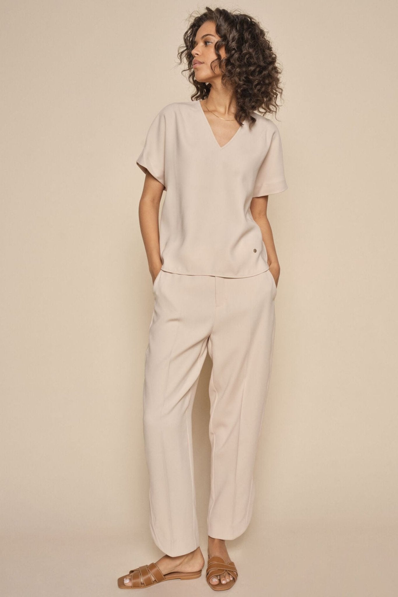 Mos Mosh 162960 MMEyli Cement Taupe Leia Straight Fit Hem Split Trousers - Dotique