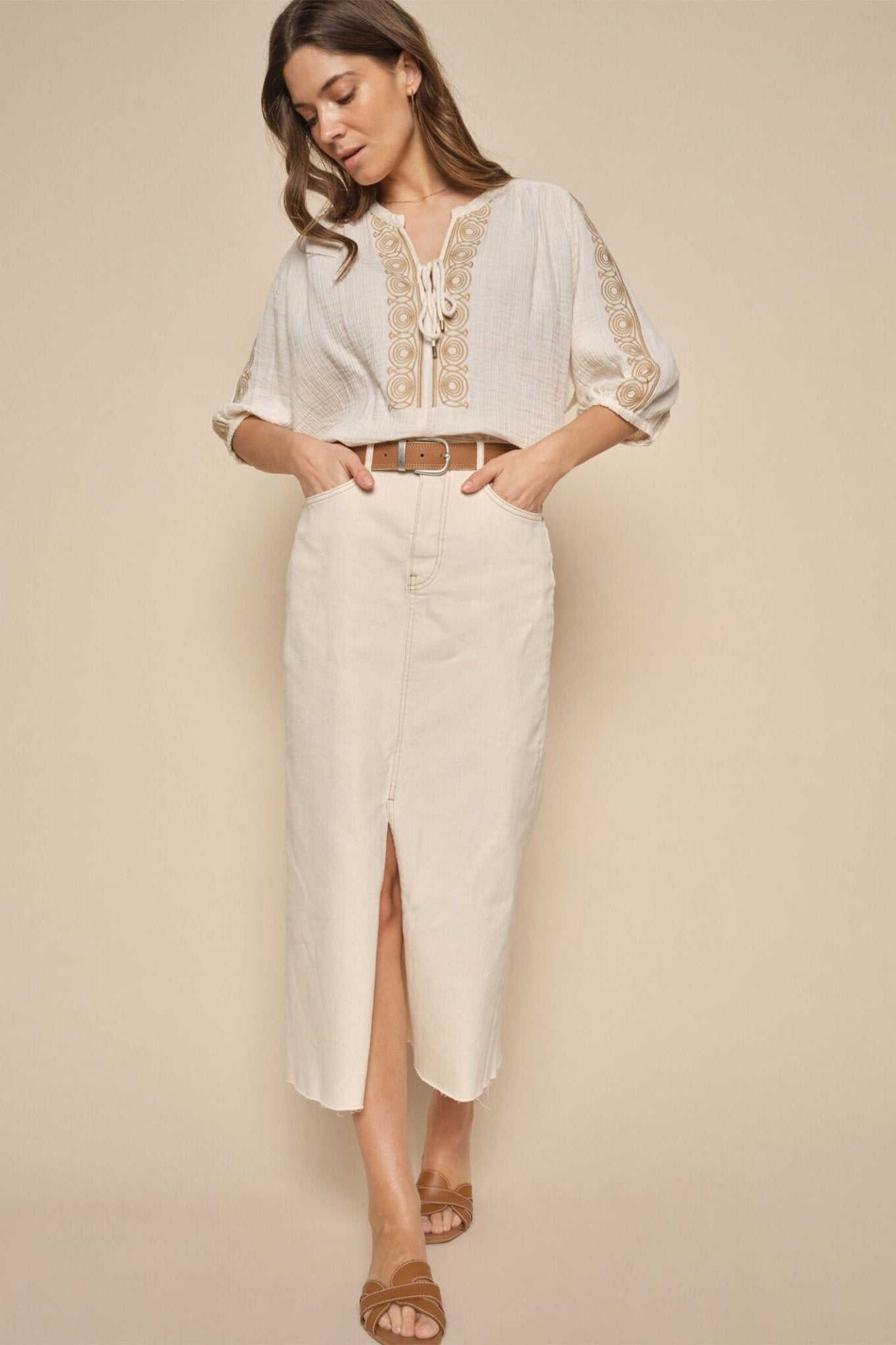 Mos Mosh 163580 MMMella Nature Taupe Front Split Midi Denim Skirt - Dotique