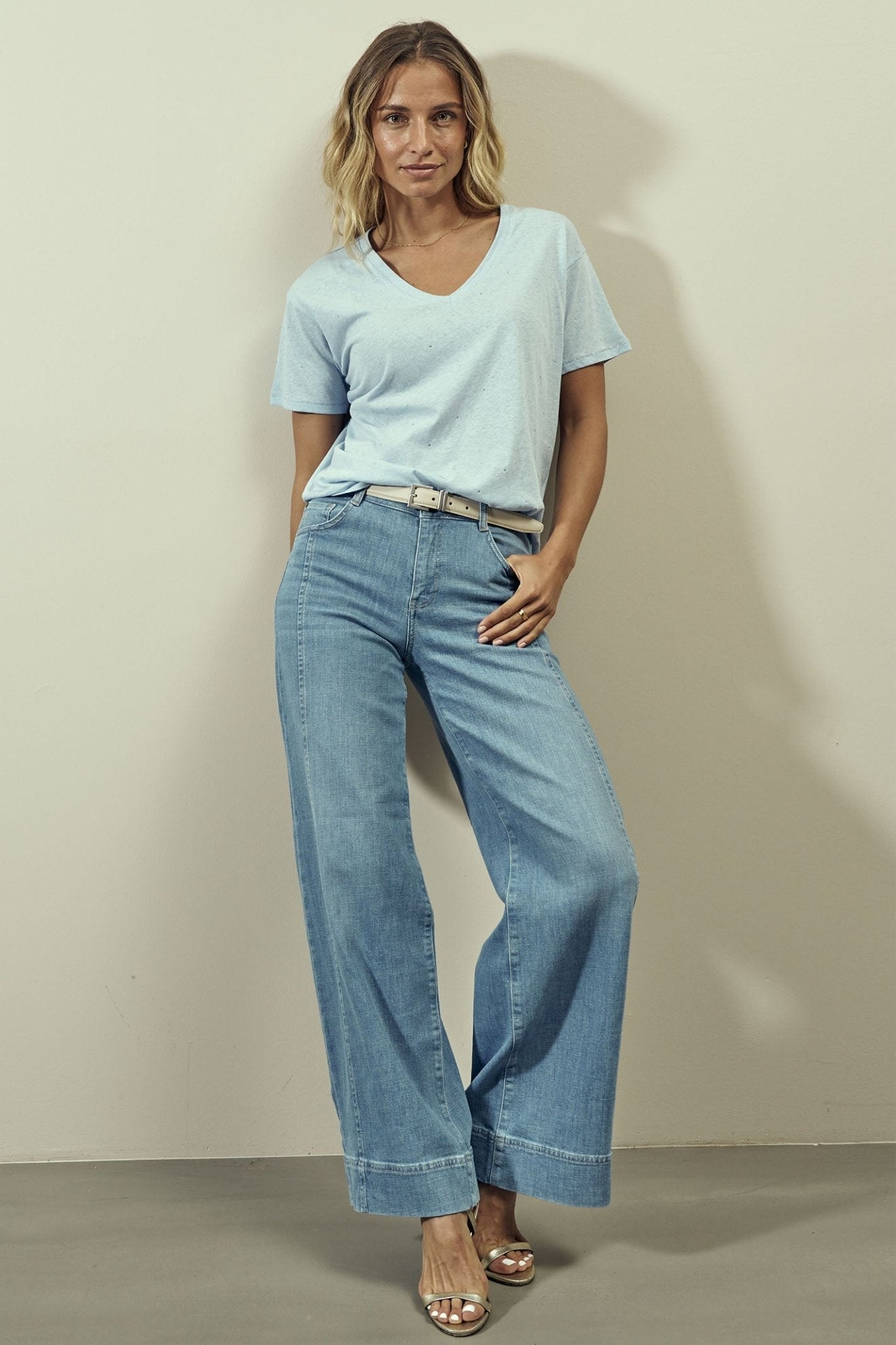 Mos Mosh 163650 MMMain Cashmere Blue V-Neck Diamante Detail Deco T-Shirt - Dotique