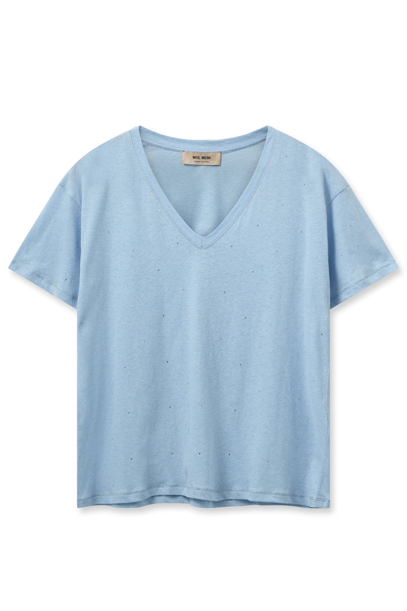Mos Mosh 163650 MMMain Cashmere Blue V-Neck Diamante Detail Deco T-Shirt - Dotique