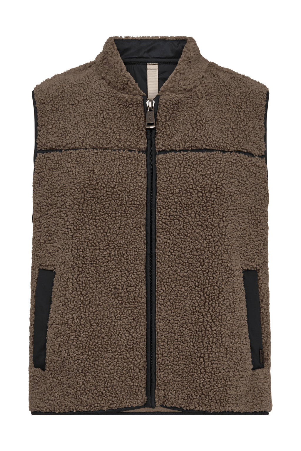 Mos Mosh MMRowe Teddy Waistcoat in Falcon brown – relaxed fit teddy gilet with zip front, contrast piping, and back tape detail available at Dotique